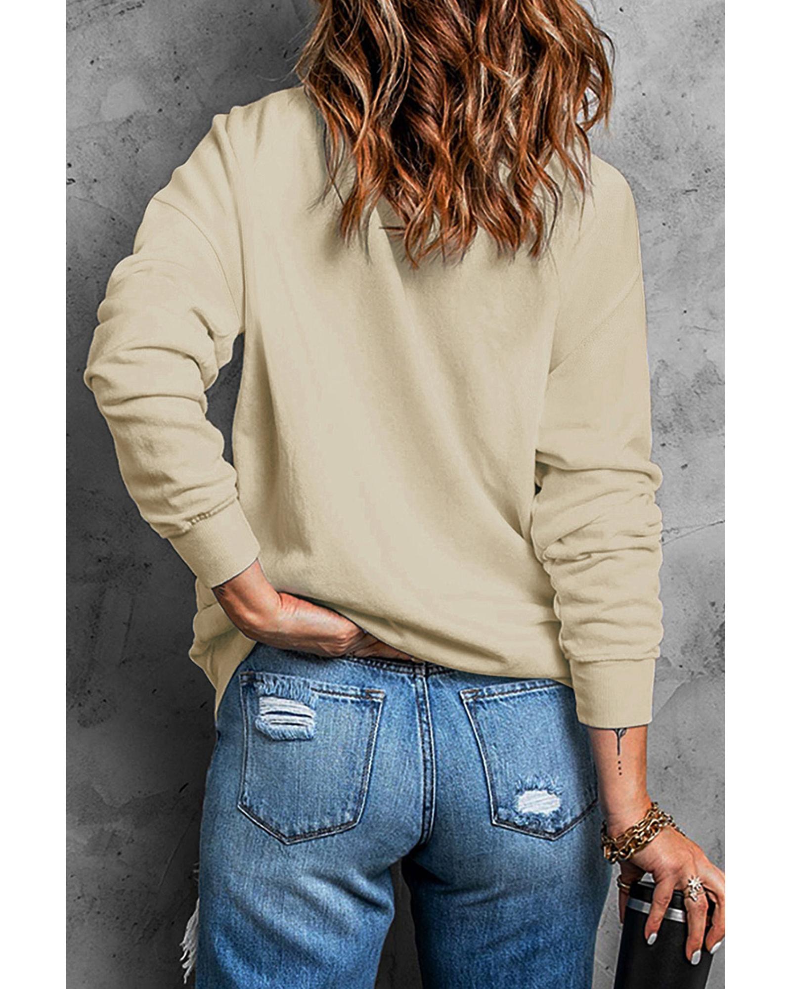 Khaki Fall Vibe Pumpkin Print Round Neck Sweatshirt - S