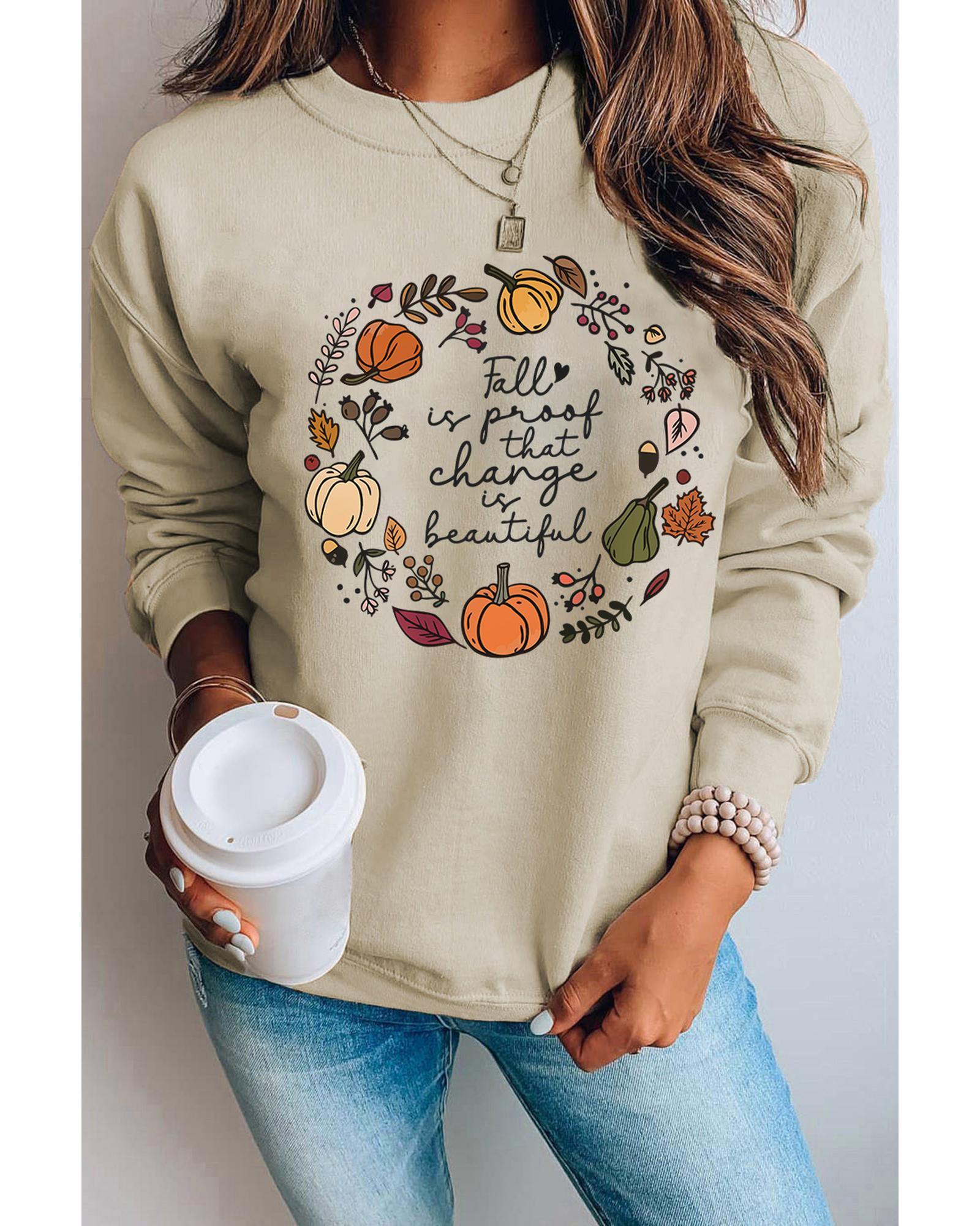 Khaki Fall Vibe Pumpkin Print Round Neck Sweatshirt - S 3