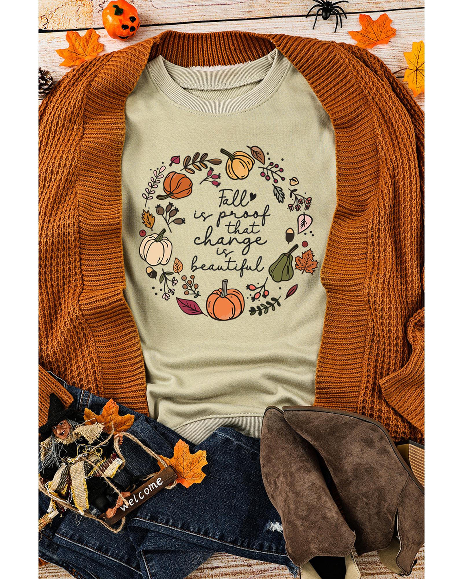 Khaki Fall Vibe Pumpkin Print Round Neck Sweatshirt - S 5