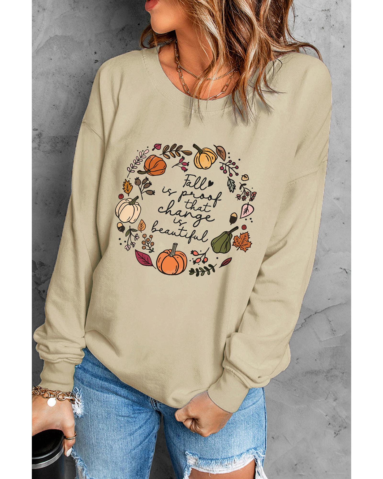 Khaki Fall Vibe Pumpkin Print Round Neck Sweatshirt - XL 3