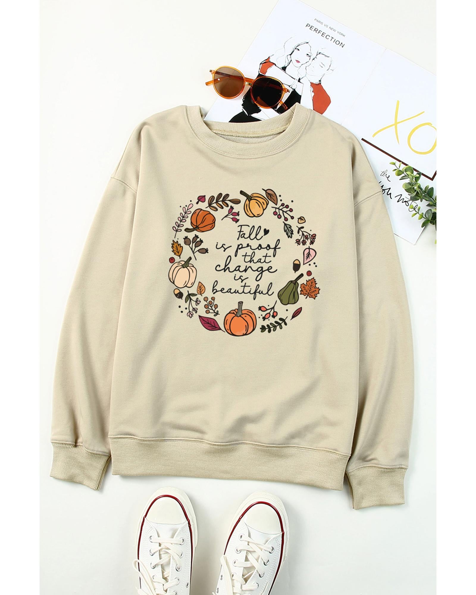Khaki Fall Vibe Pumpkin Print Round Neck Sweatshirt - XL 5