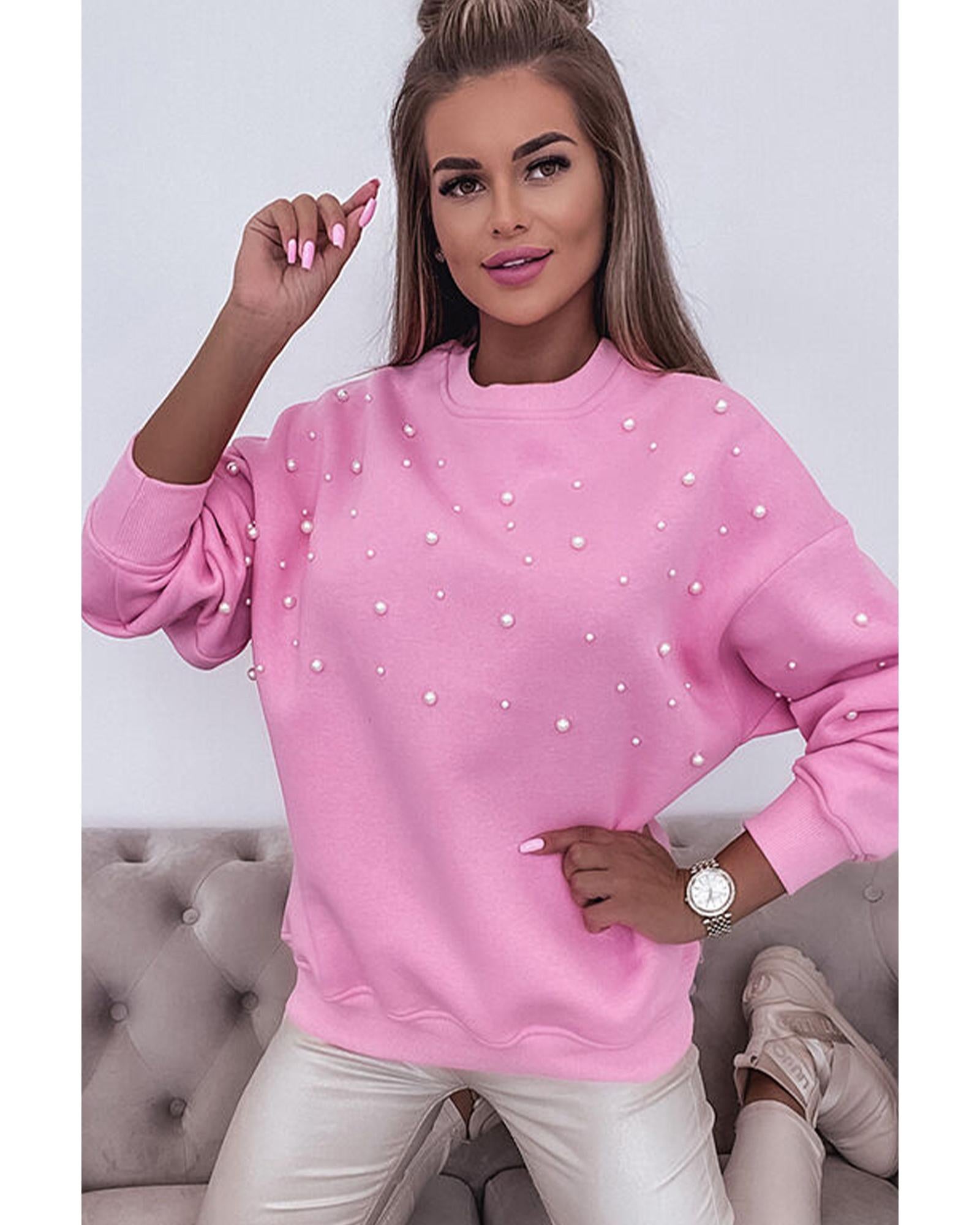 Bonbon Pearl Detail Ribbed Crew Neck Sweatshirt - L