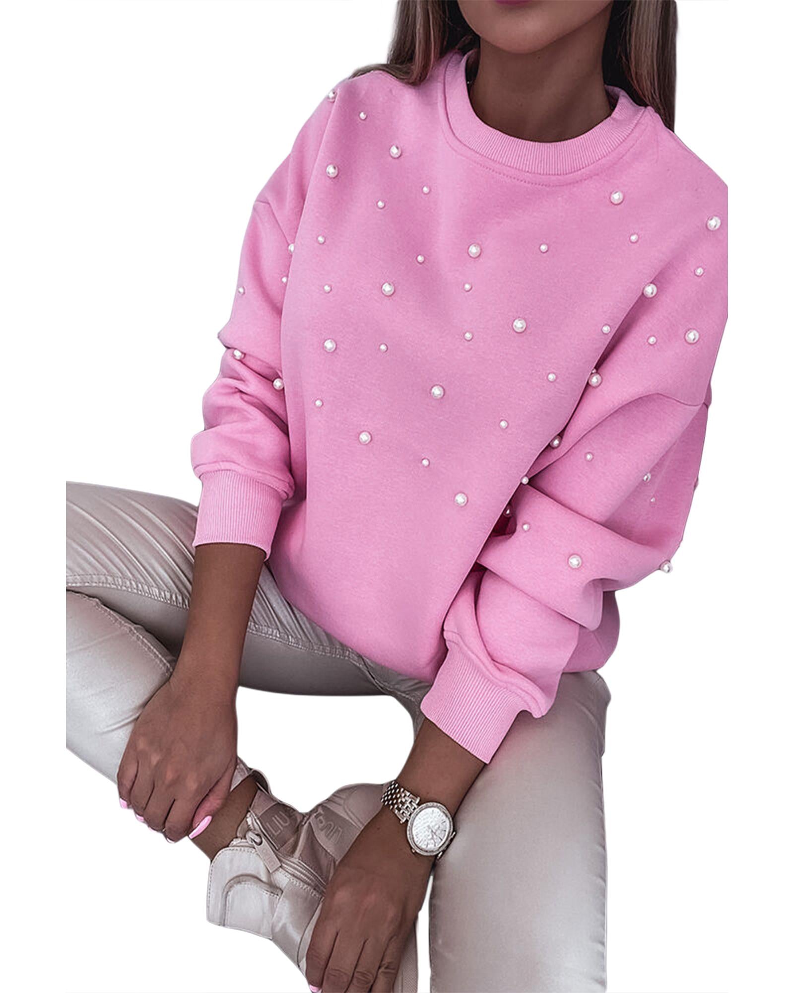 Bonbon Pearl Detail Ribbed Crew Neck Sweatshirt - L