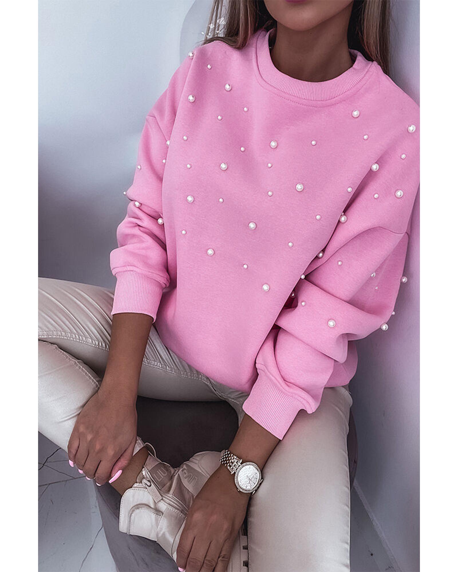Bonbon Pearl Detail Ribbed Crew Neck Sweatshirt - L 4