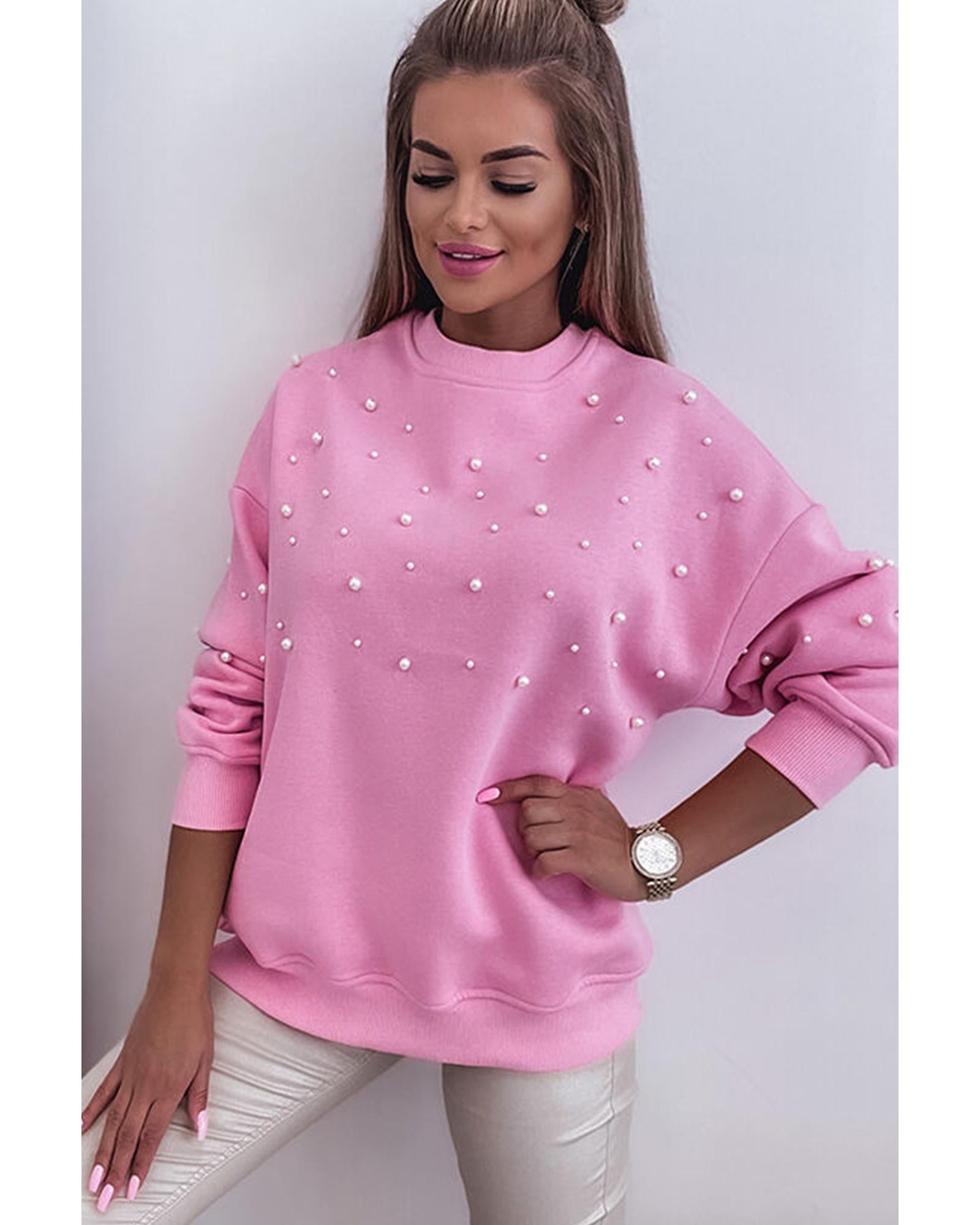 Bonbon Pearl Detail Ribbed Crew Neck Sweatshirt - M