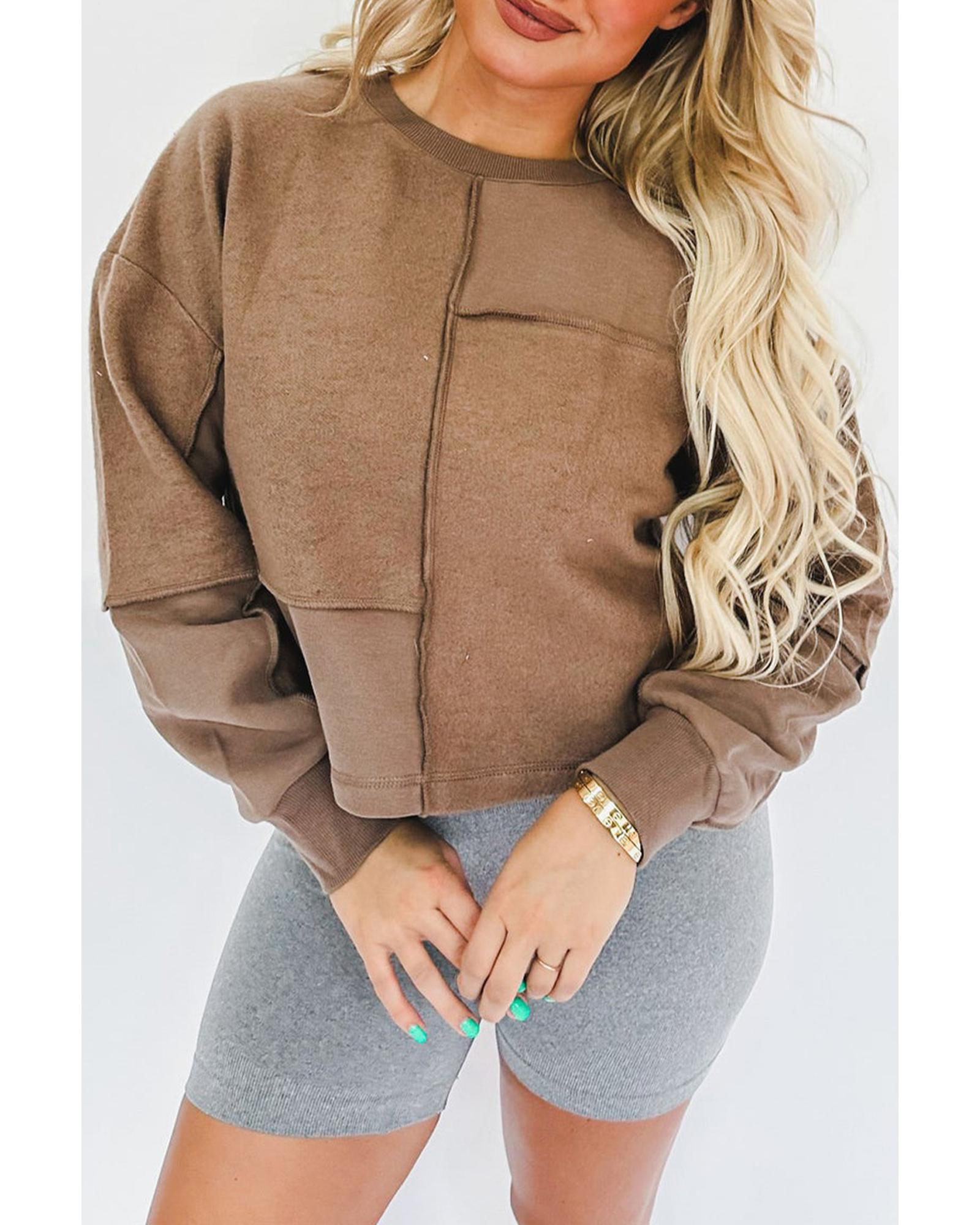 Coffee Solid Exposed Seam Pullover Sweatshirt - XL 4