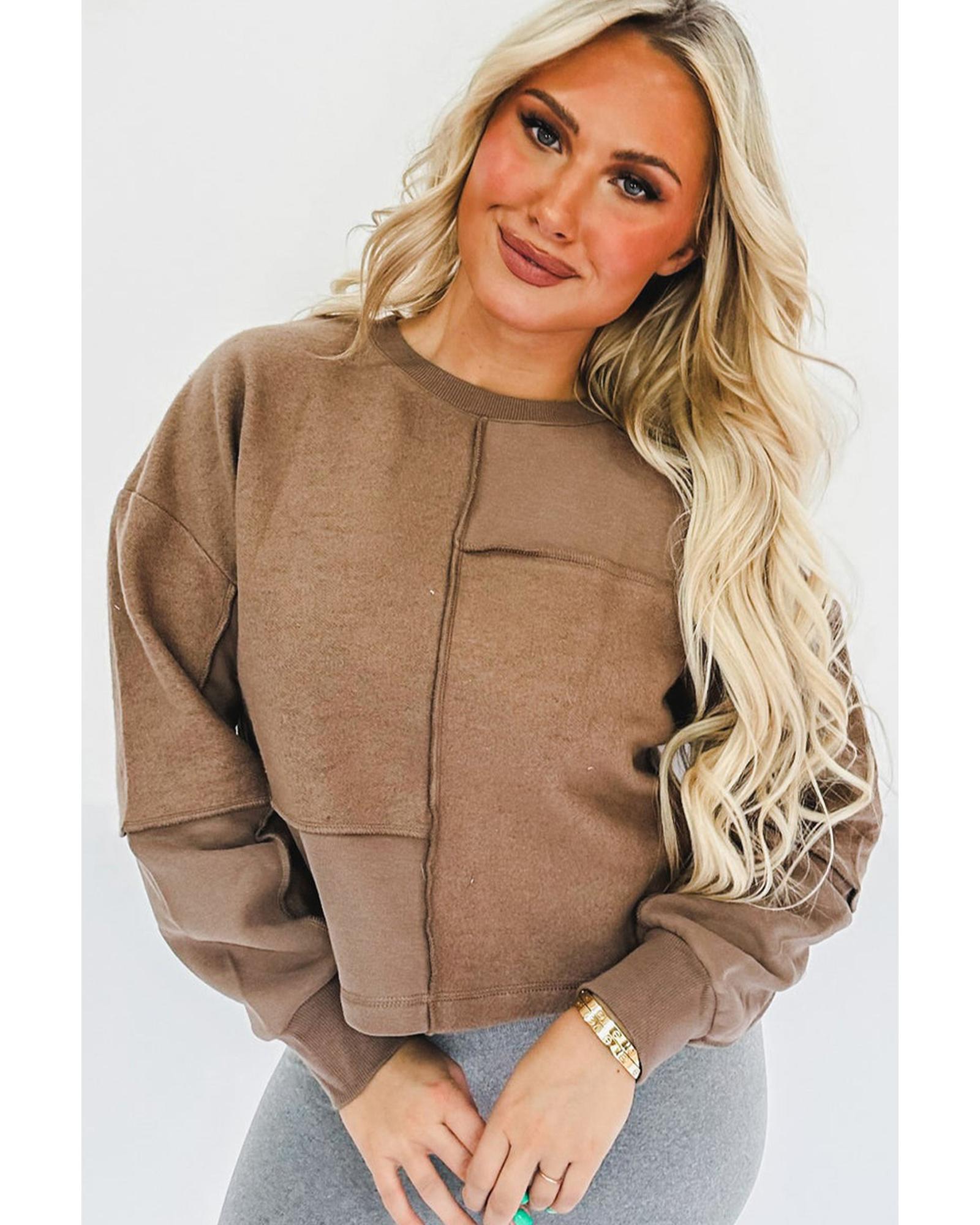 Coffee Solid Exposed Seam Pullover Sweatshirt - XL 5