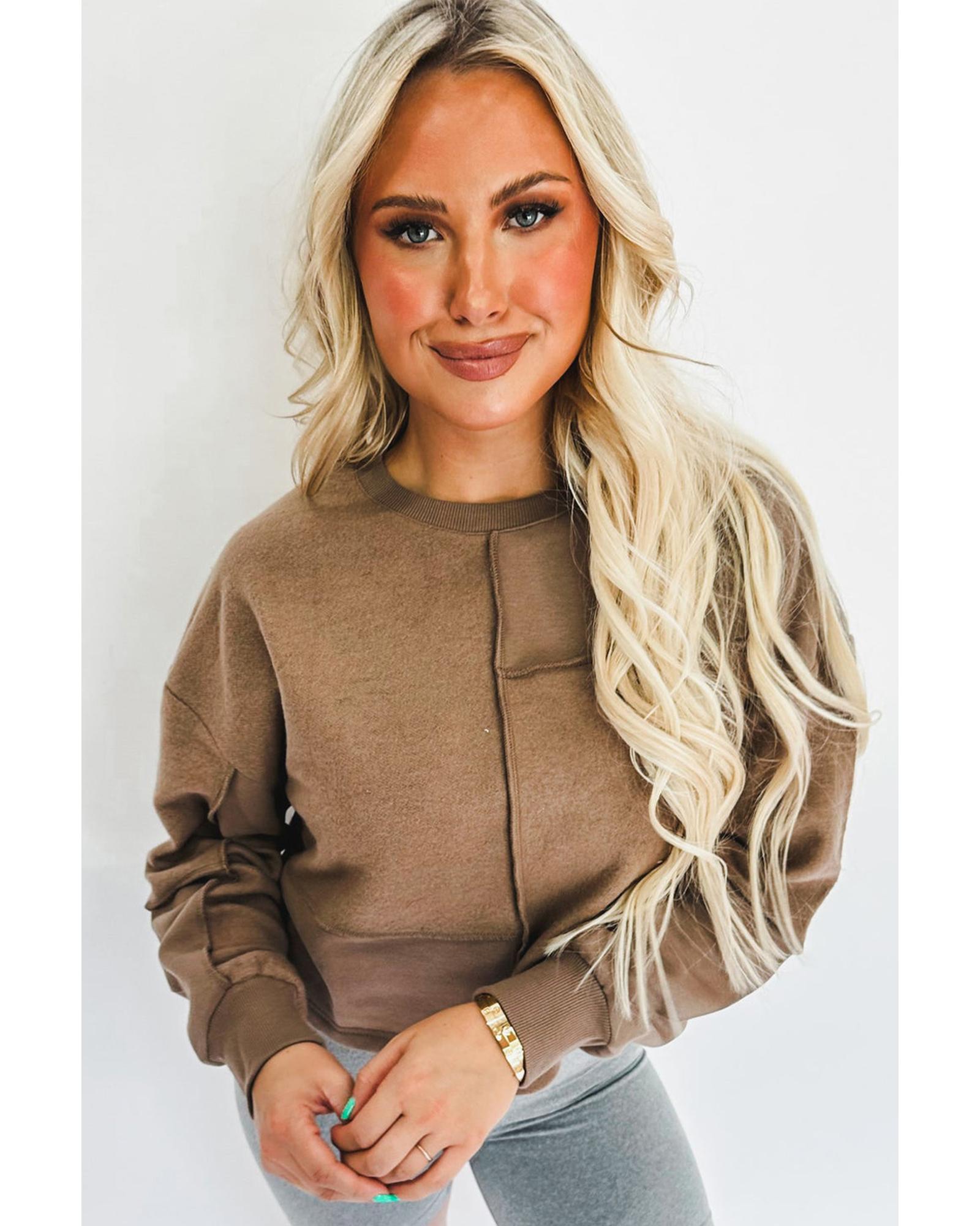 Coffee Solid Exposed Seam Pullover Sweatshirt - XL 6