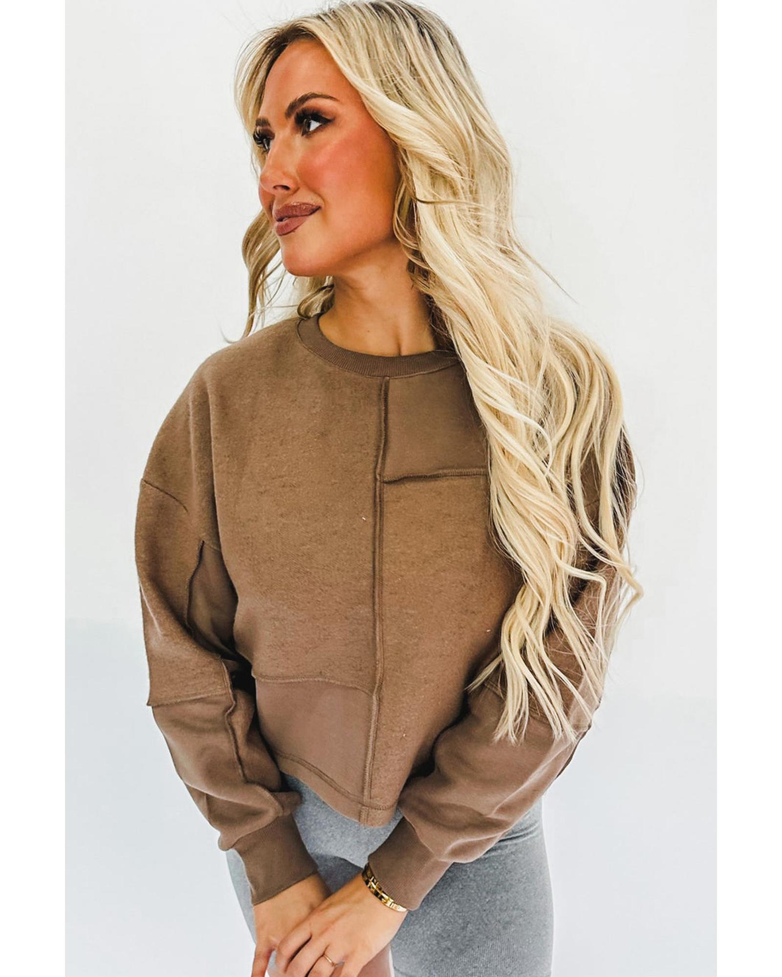 Coffee Solid Exposed Seam Pullover Sweatshirt - XL 7