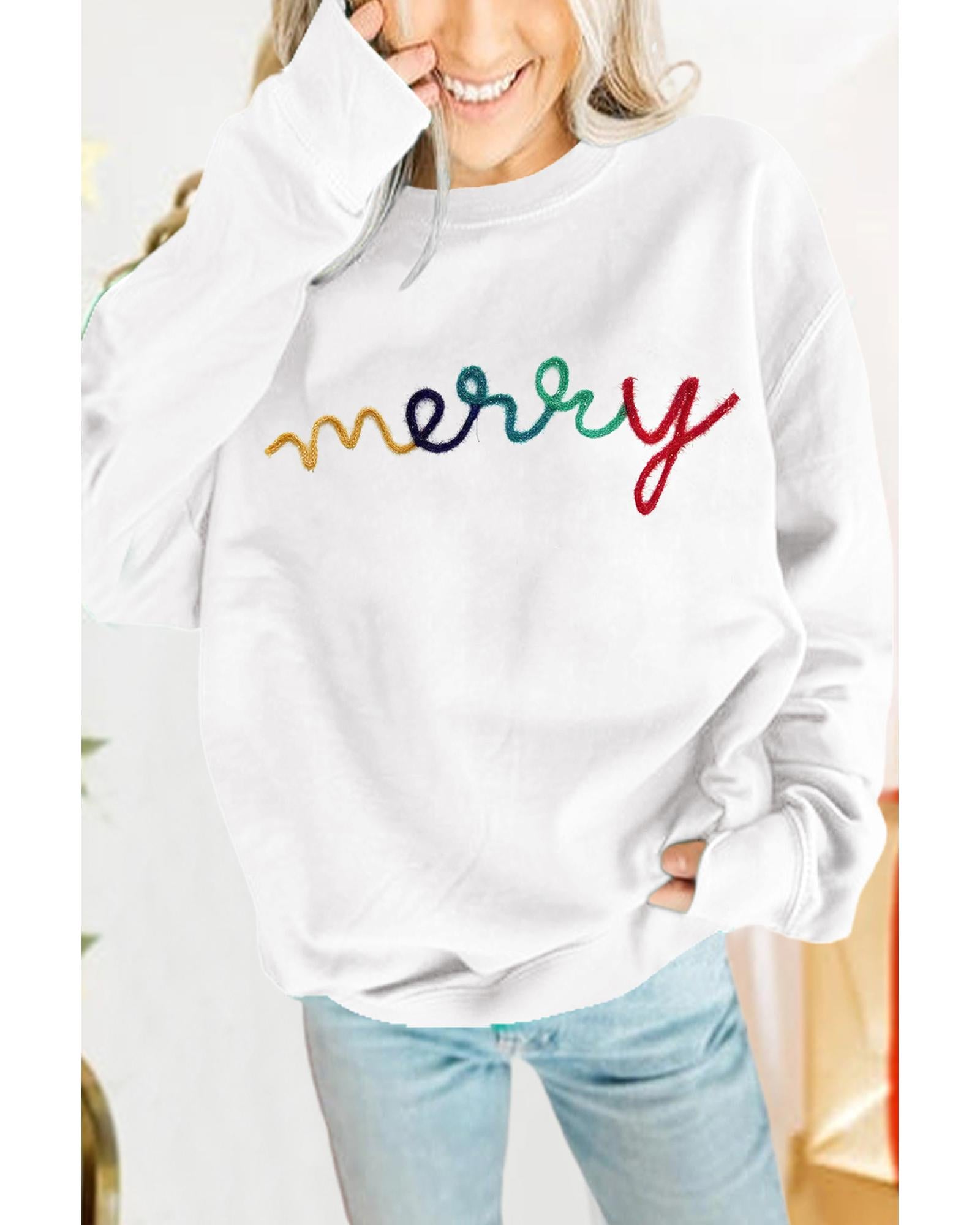 White MERRY Graphic Pullover Sweatshirt - XL