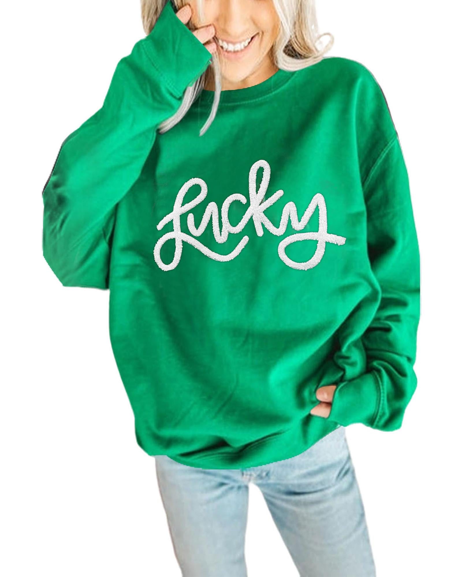 Green LUCKY Aphabet Chenille Embroidered Pullover Sweatshirt - M