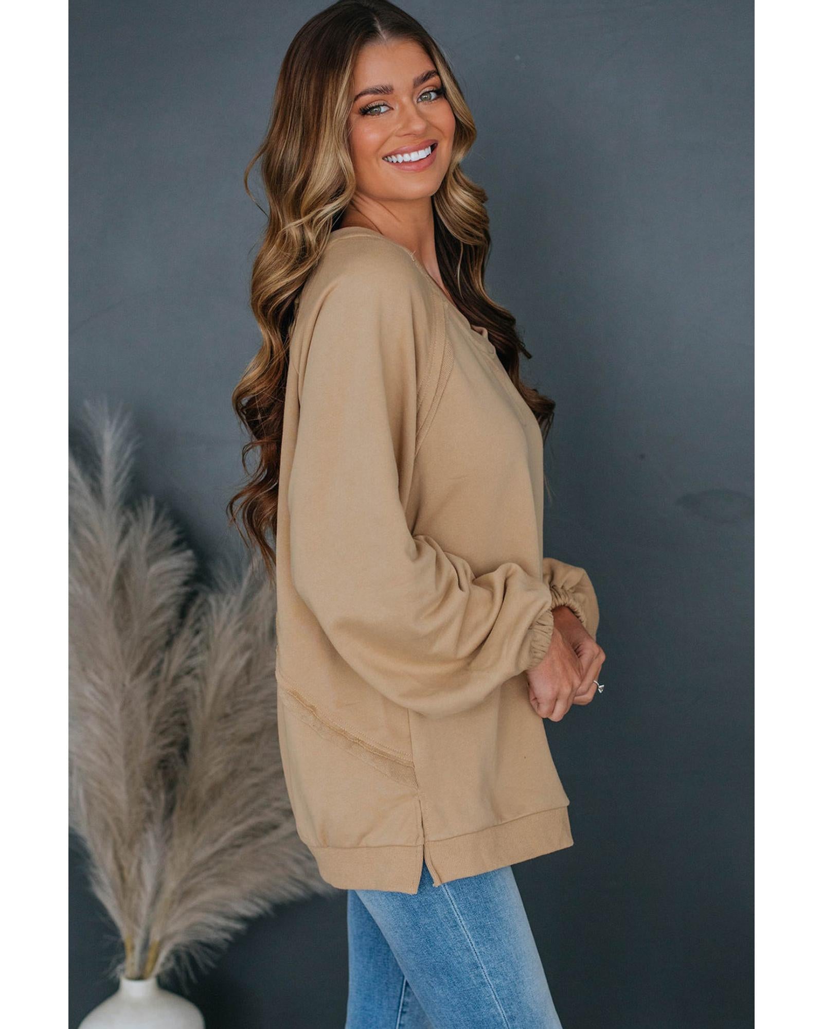 Light French Beige Solid Color Lattice Hollow Out Back Sweatshirt - L