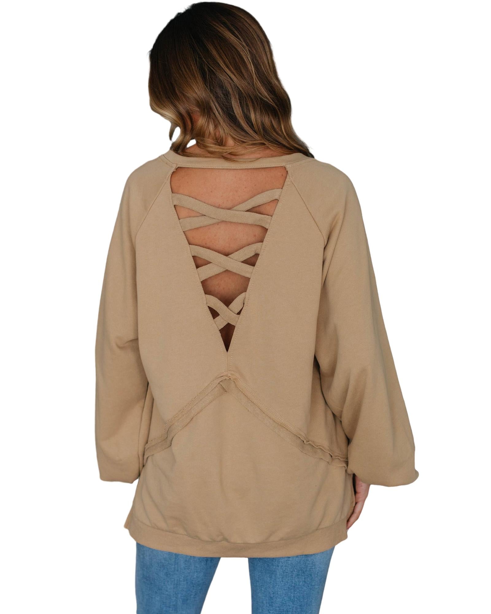 Light French Beige Solid Color Lattice Hollow Out Back Sweatshirt - L 6