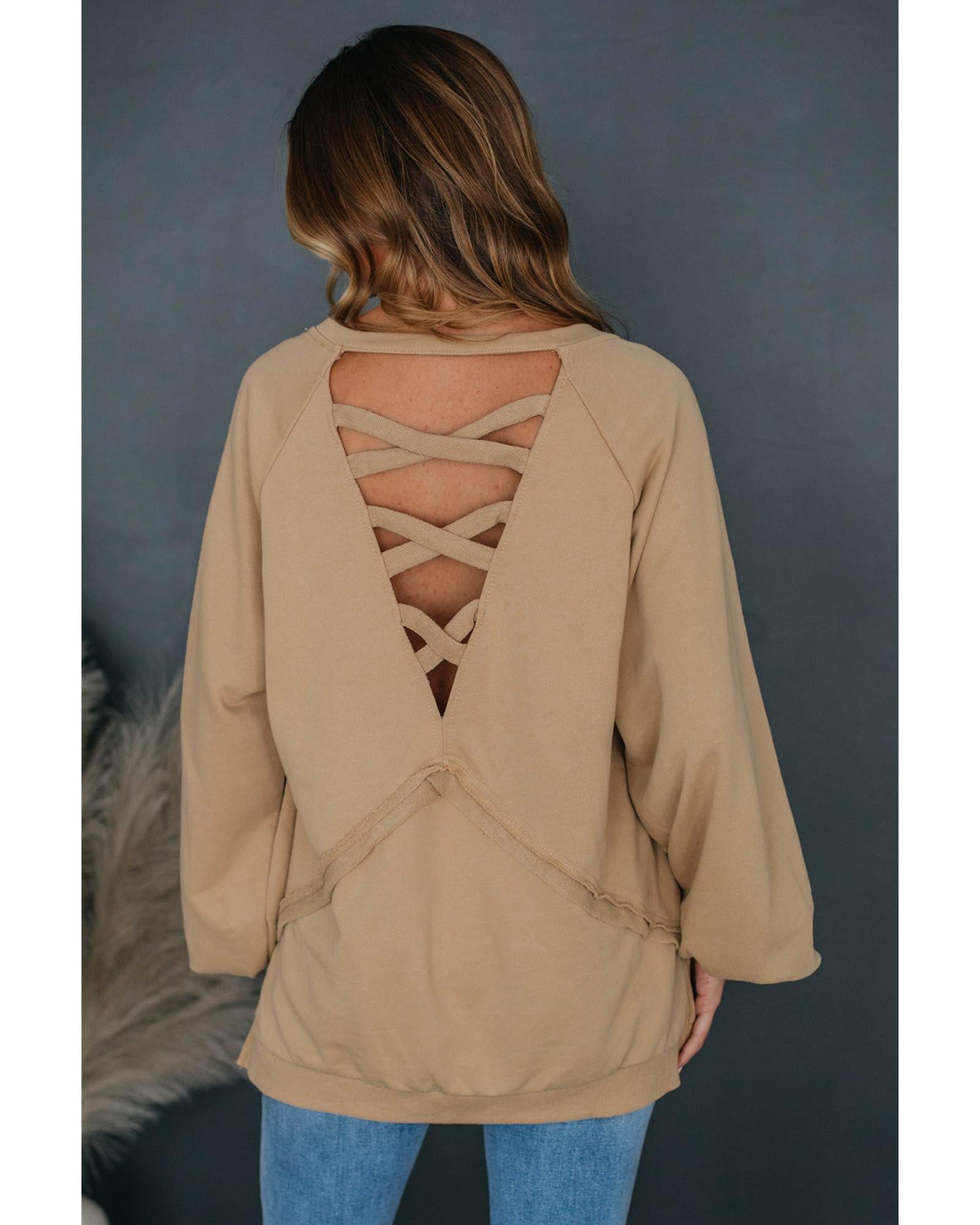 Light French Beige Solid Color Lattice Hollow Out Back Sweatshirt - M 3