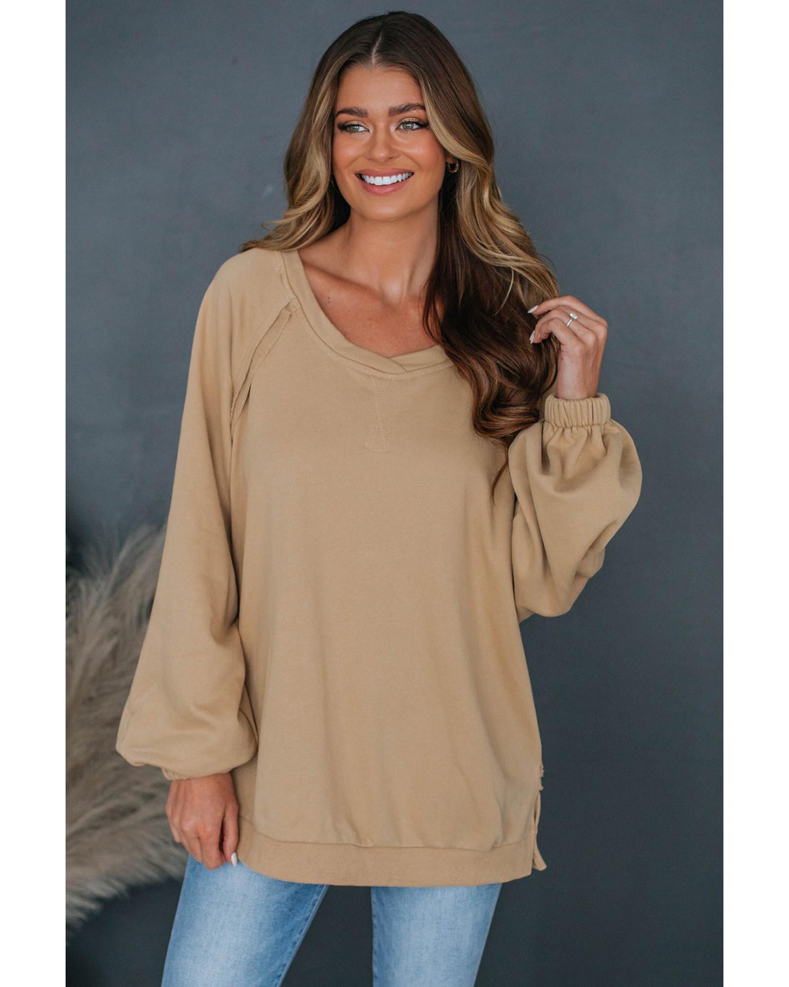 Light French Beige Solid Color Lattice Hollow Out Back Sweatshirt - M 4