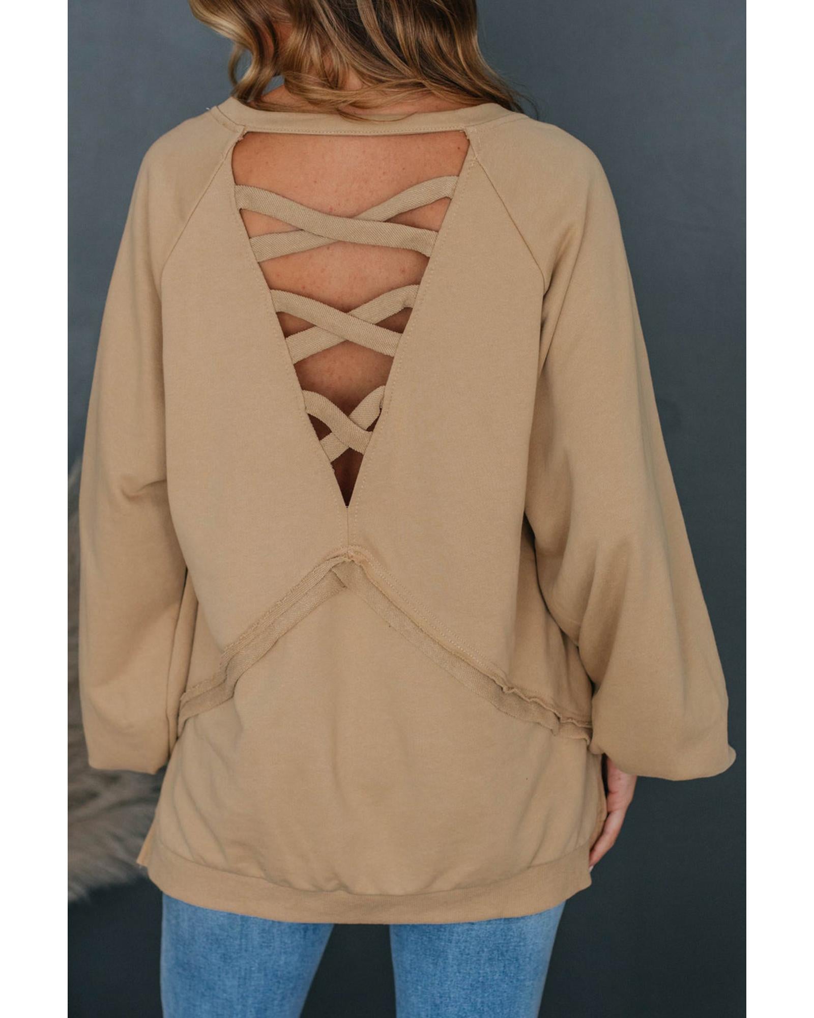 Light French Beige Solid Color Lattice Hollow Out Back Sweatshirt - S