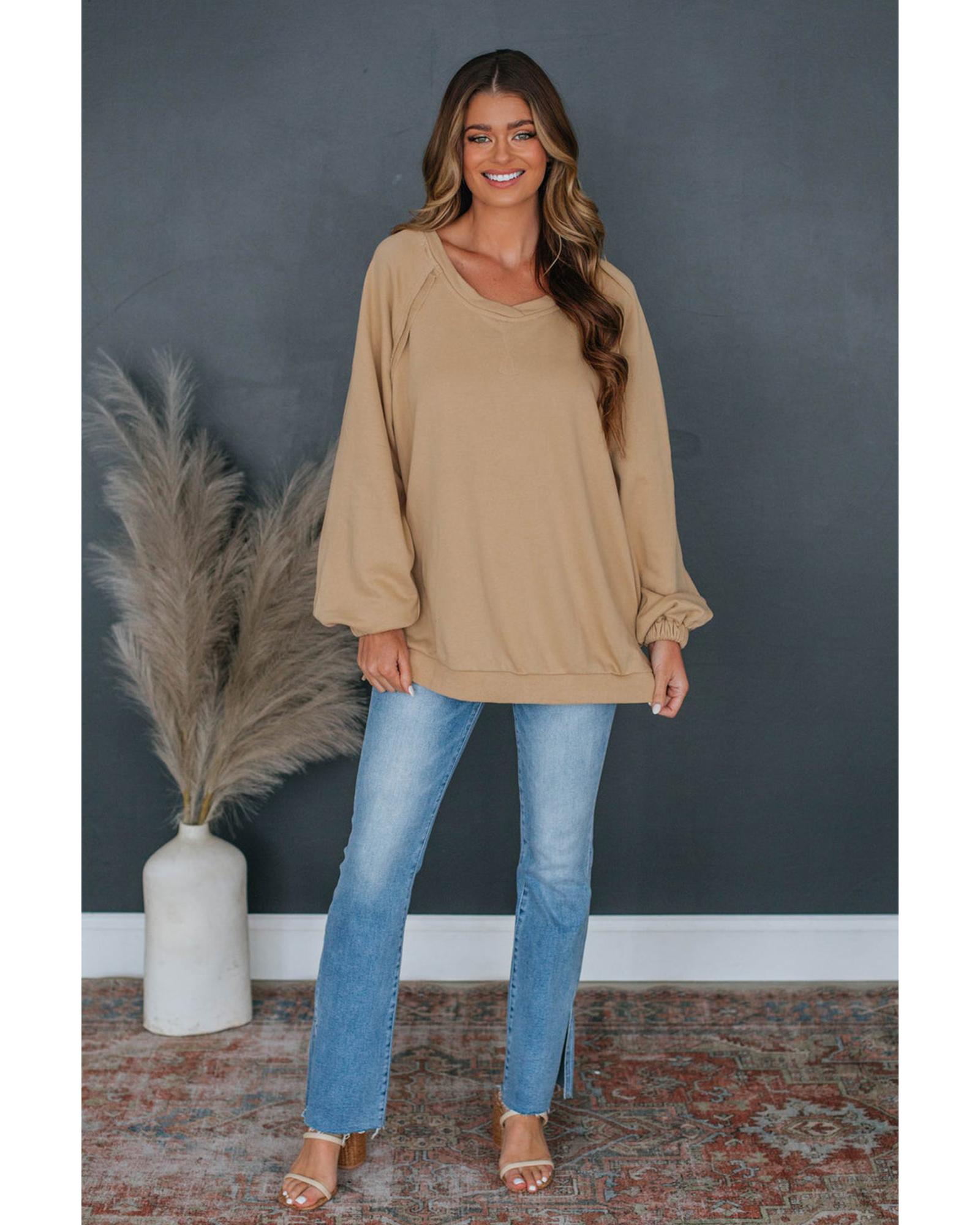 Light French Beige Solid Color Lattice Hollow Out Back Sweatshirt - XL