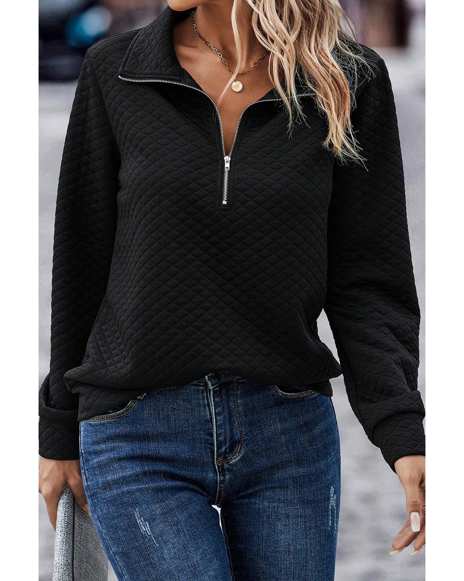 Black Solid Half Zipper Quilted Pullover Sweatshirt - S 4