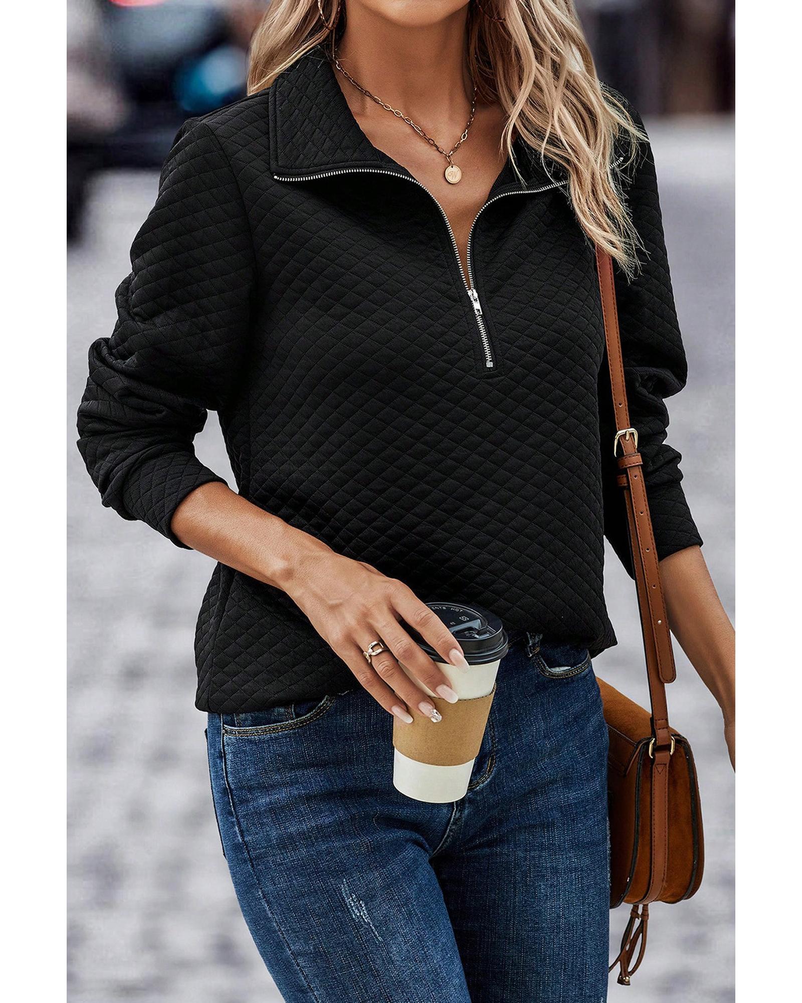 Black Solid Half Zipper Quilted Pullover Sweatshirt - S 5