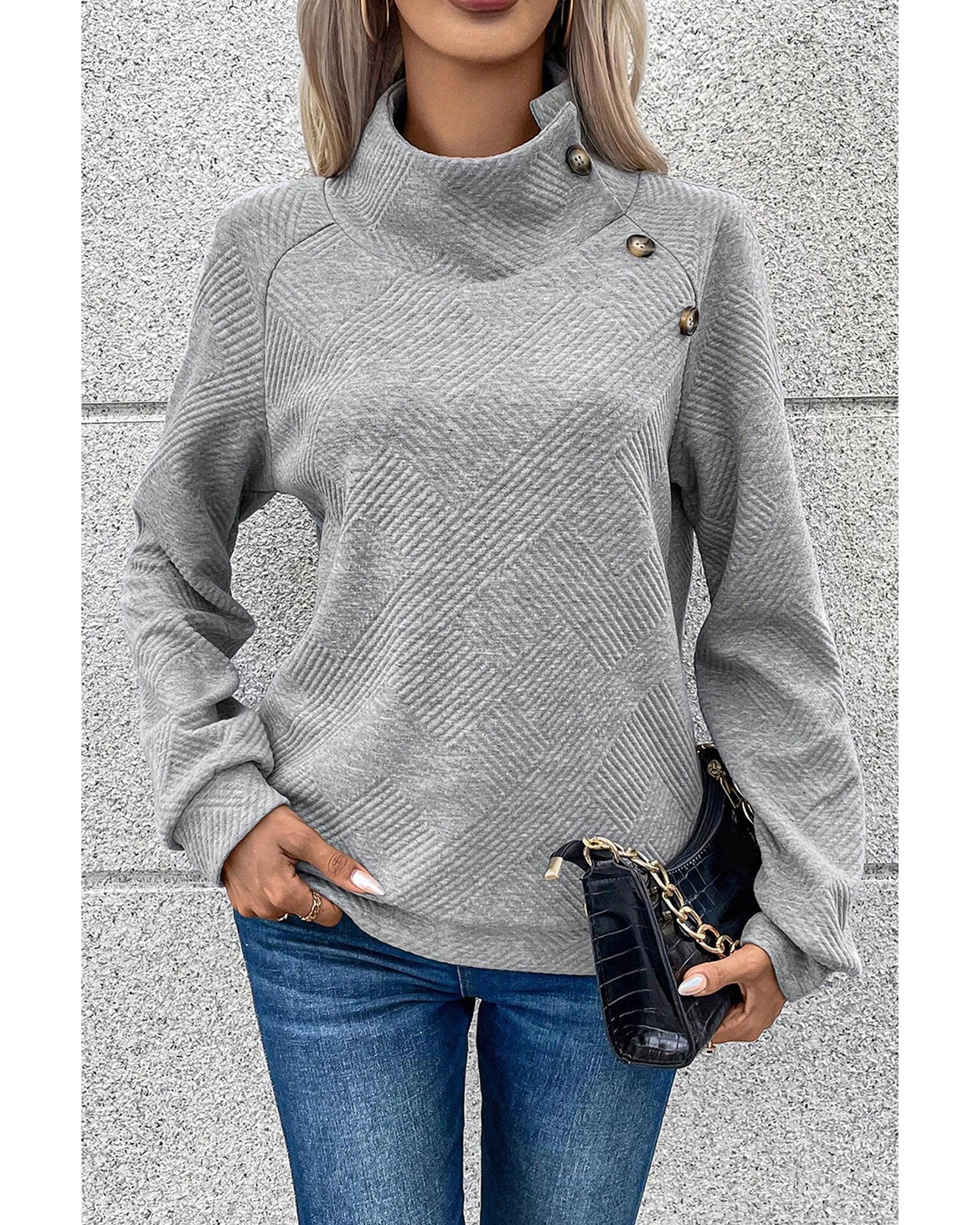 Gray Asymmetric Buttons Detail High Neck Textured Sweatshirt - M