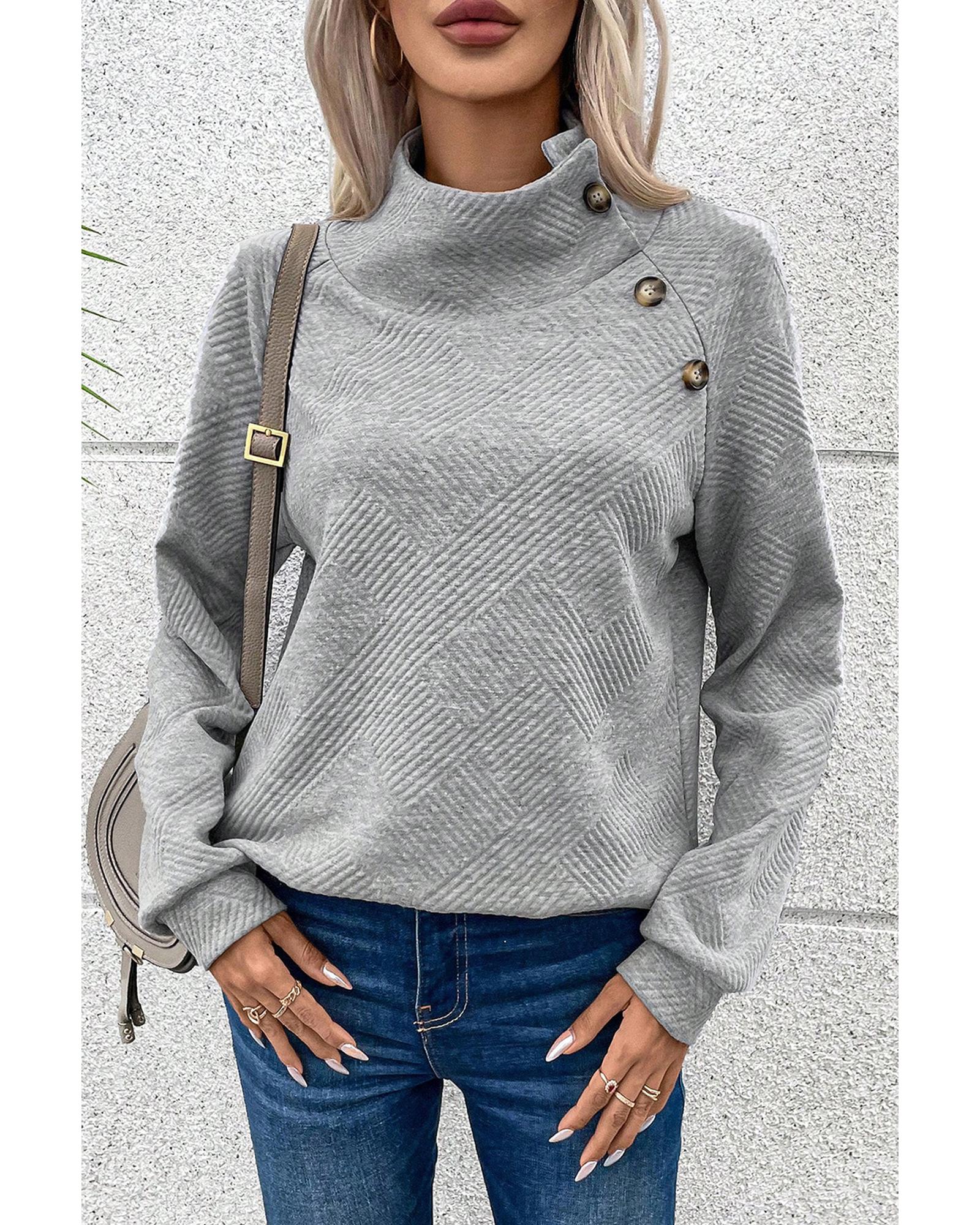 Gray Asymmetric Buttons Detail High Neck Textured Sweatshirt - M 6