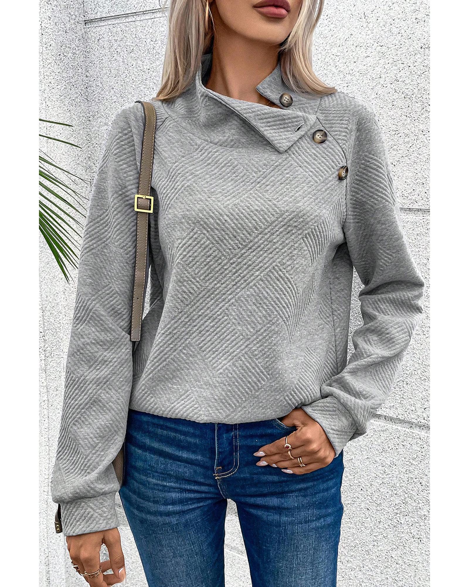 Gray Asymmetric Buttons Detail High Neck Textured Sweatshirt - S