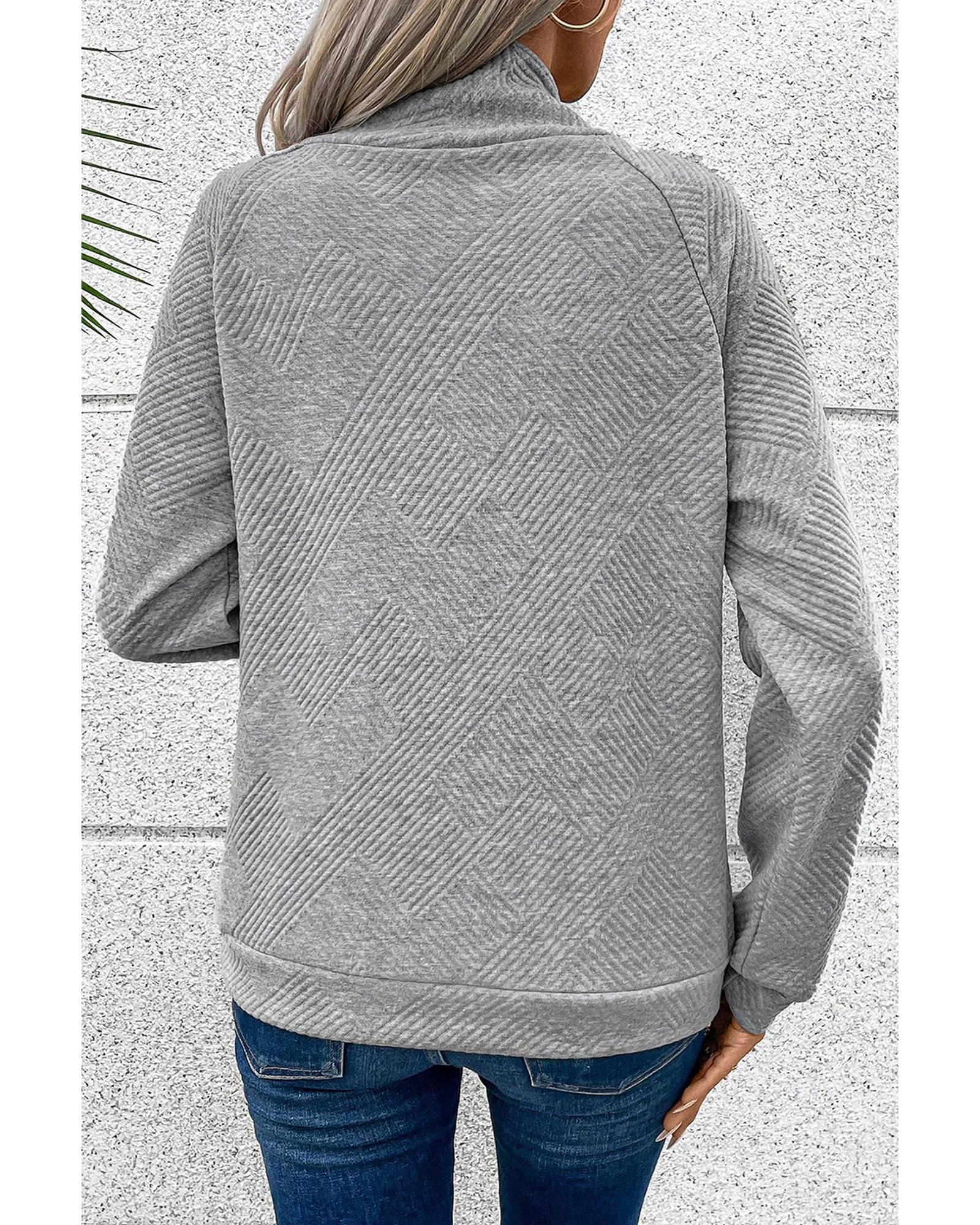 Gray Asymmetric Buttons Detail High Neck Textured Sweatshirt - XL
