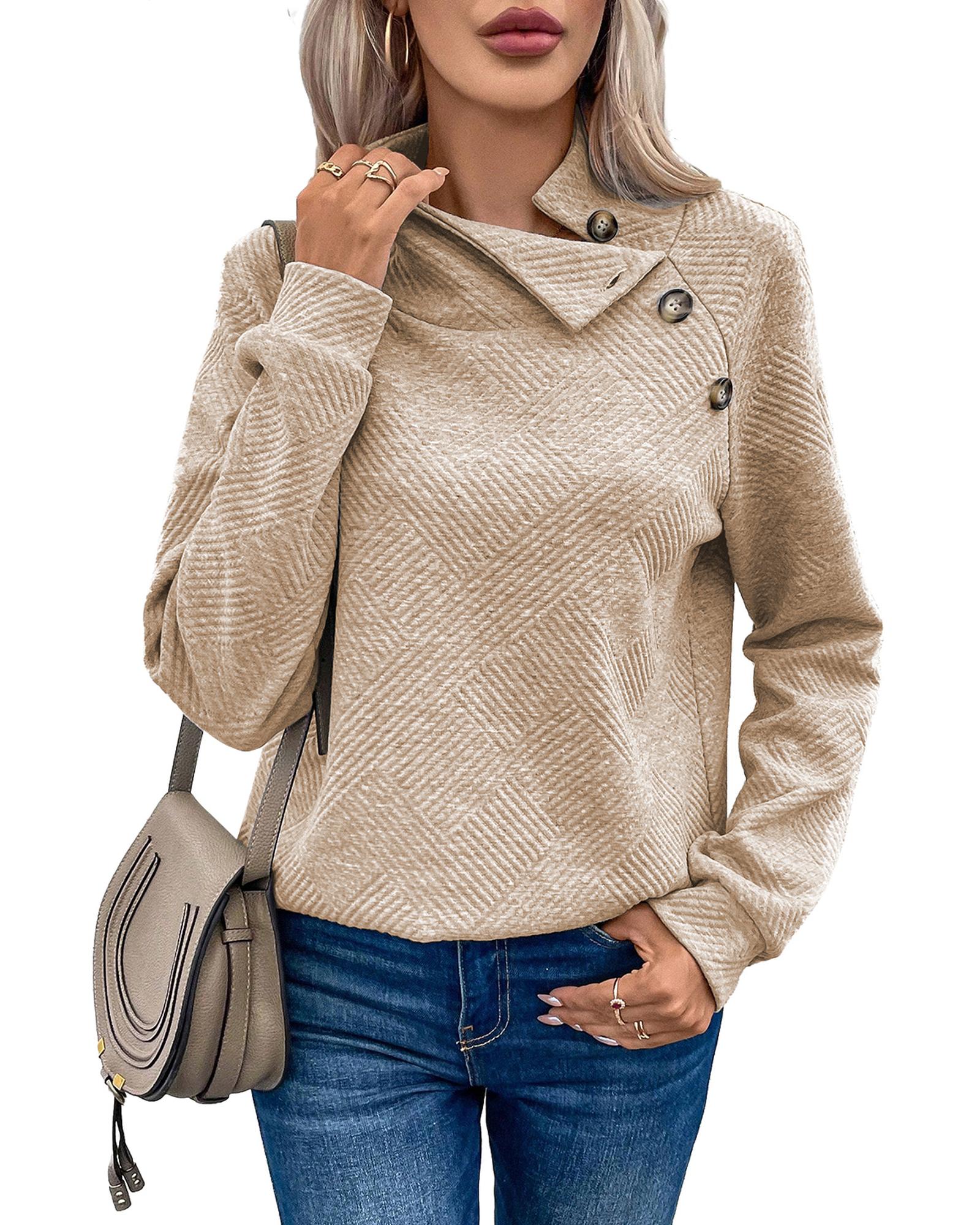Apricot  Asymmetric Buttons Detail High Neck Textured Sweatshirt - S 3