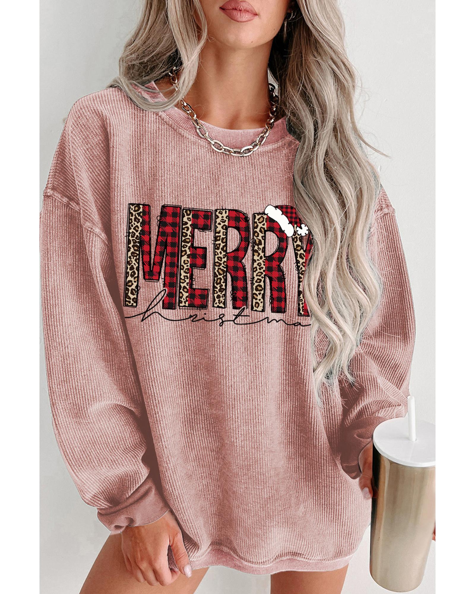 Pink MERRY Christmas Plaid Leopard Print Corded Sweatshirt - L 3