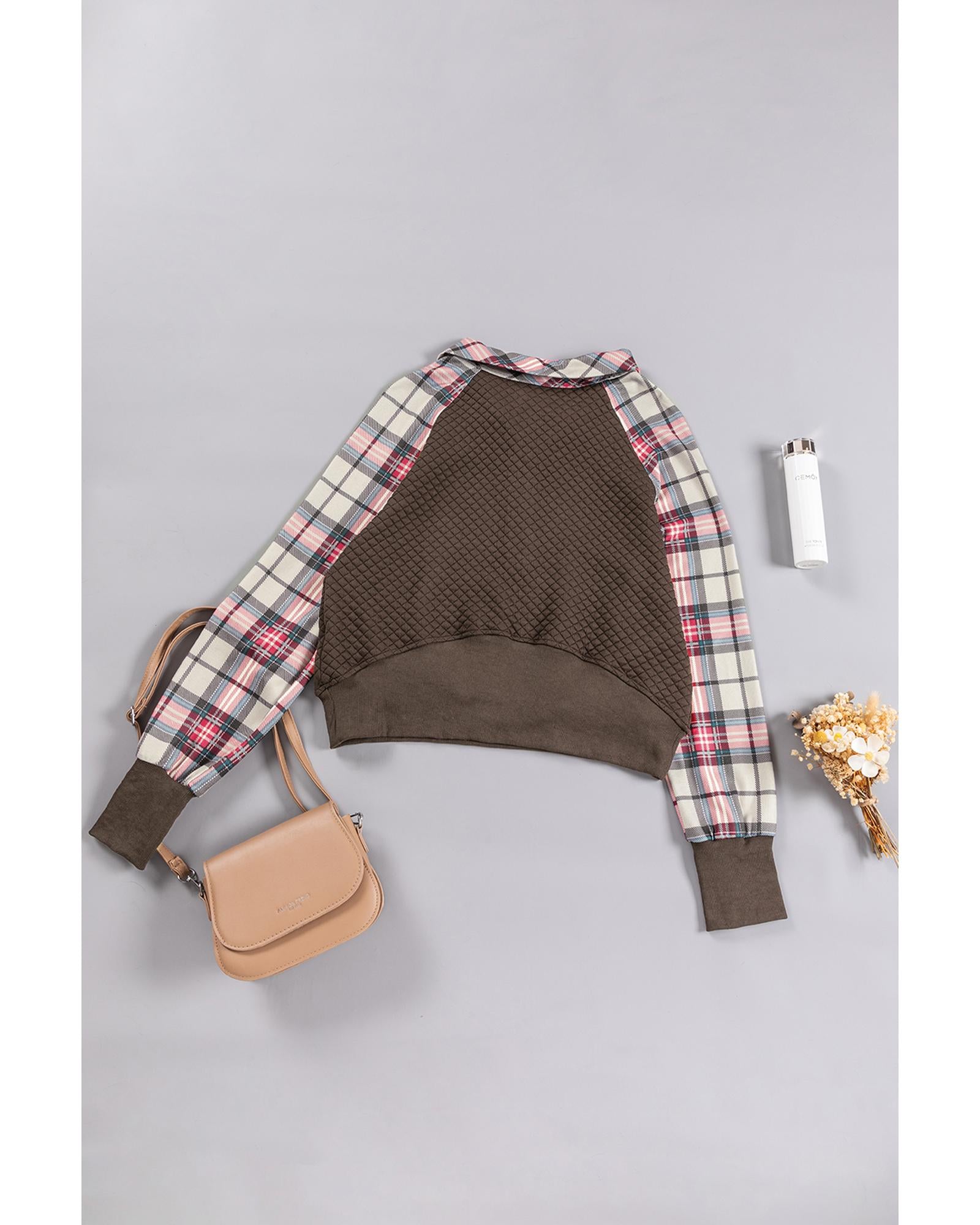 Khaki Printed Plaid Sleeve Patchwork Collared Textured Sweatshirt - L