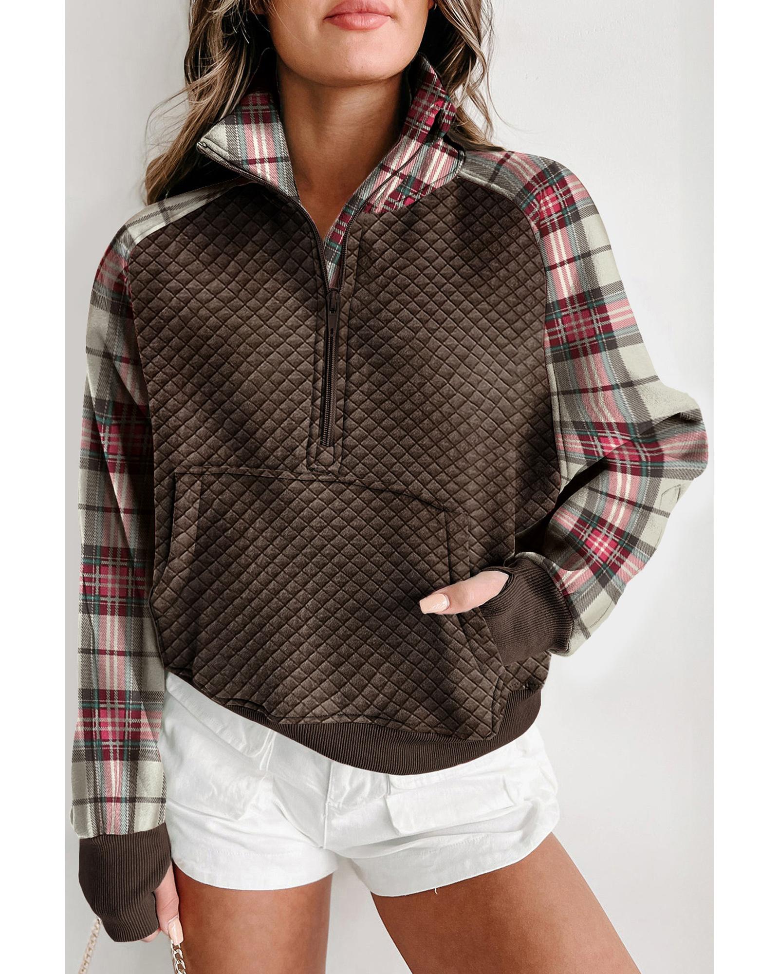 Khaki Printed Plaid Sleeve Patchwork Collared Textured Sweatshirt - L