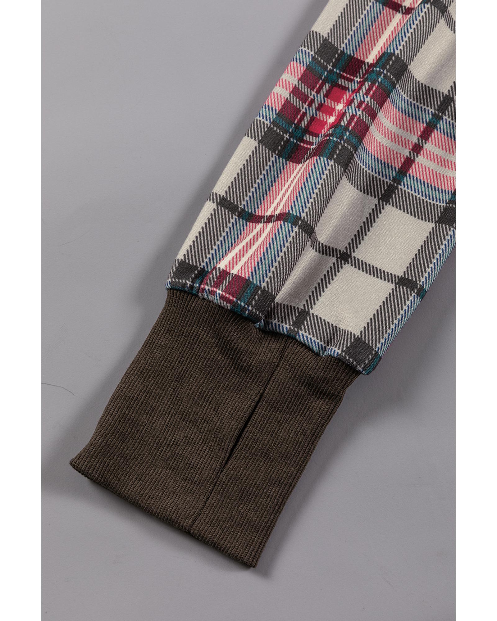 Khaki Printed Plaid Sleeve Patchwork Collared Textured Sweatshirt - L 4