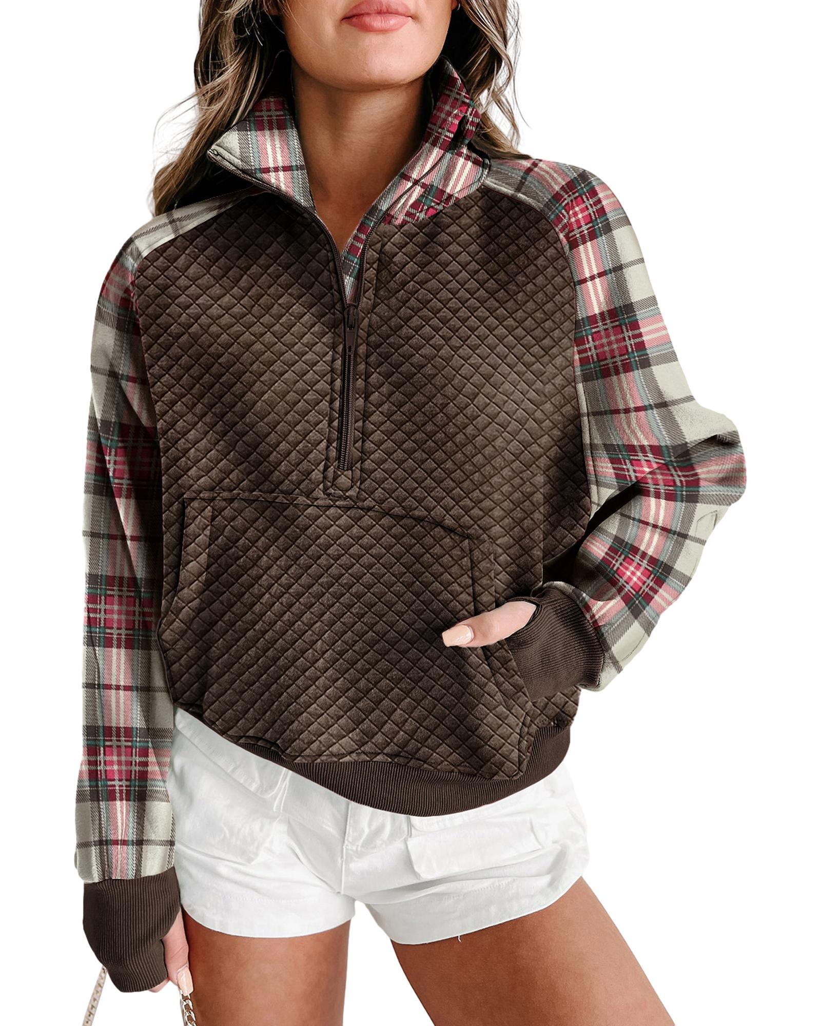 Khaki Printed Plaid Sleeve Patchwork Collared Textured Sweatshirt - L 5