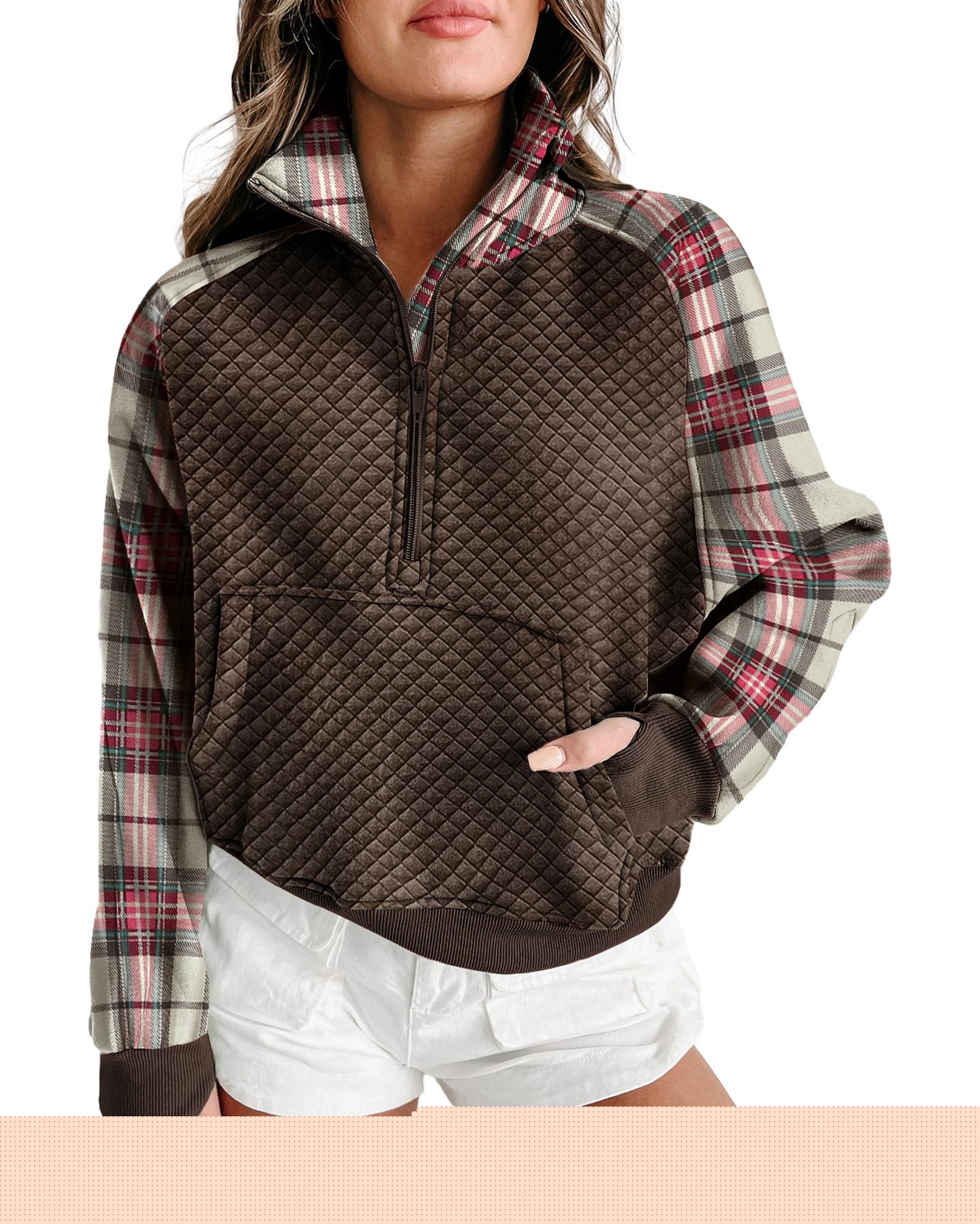 Khaki Printed Plaid Sleeve Patchwork Collared Textured Sweatshirt - L 7