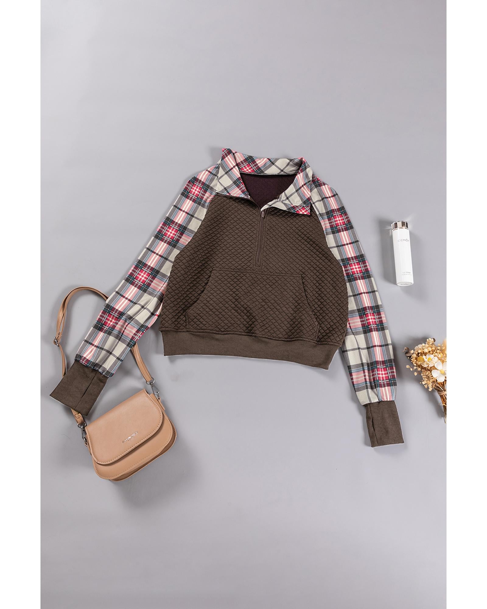 Khaki Printed Plaid Sleeve Patchwork Collared Textured Sweatshirt - M
