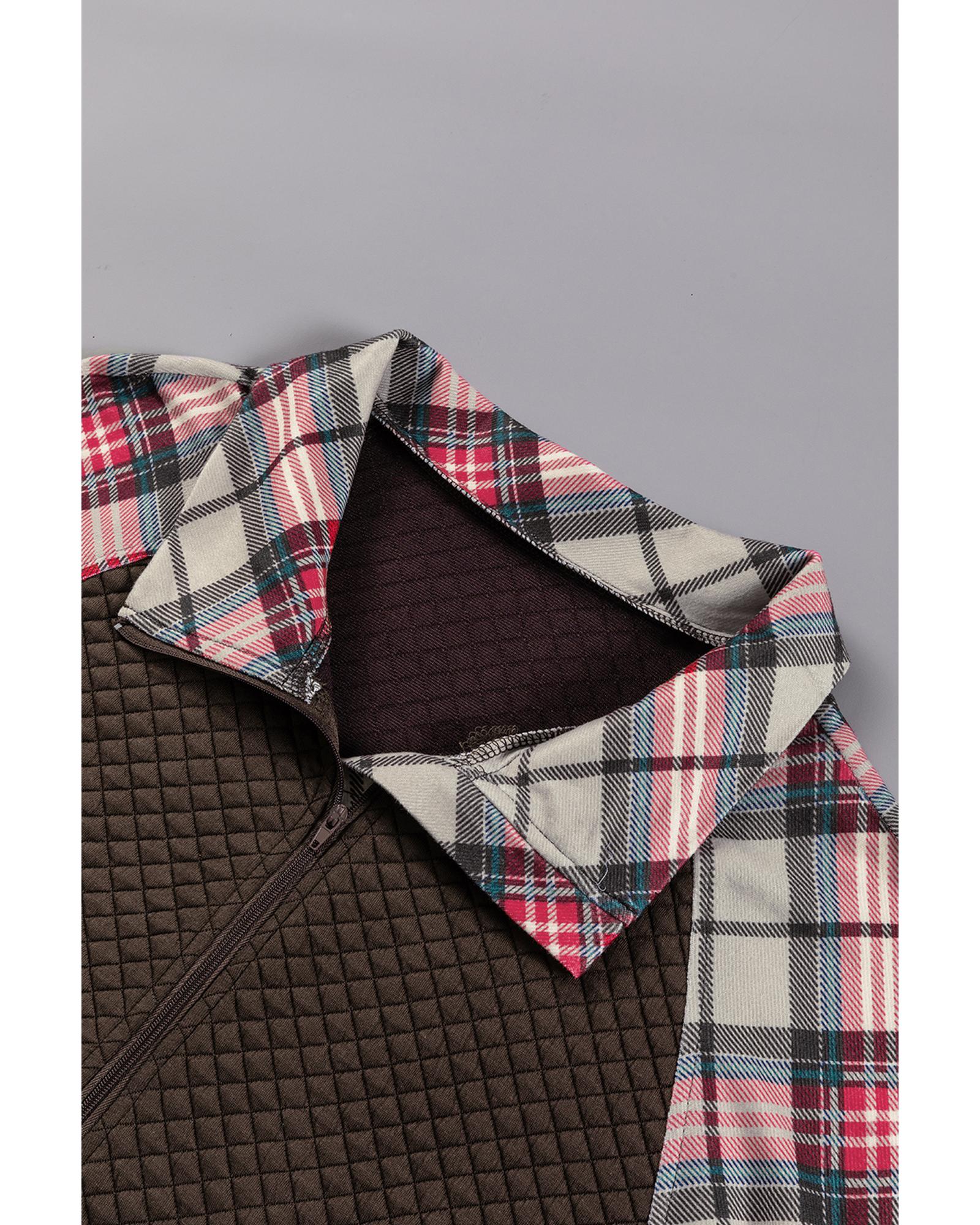 Khaki Printed Plaid Sleeve Patchwork Collared Textured Sweatshirt - M 3