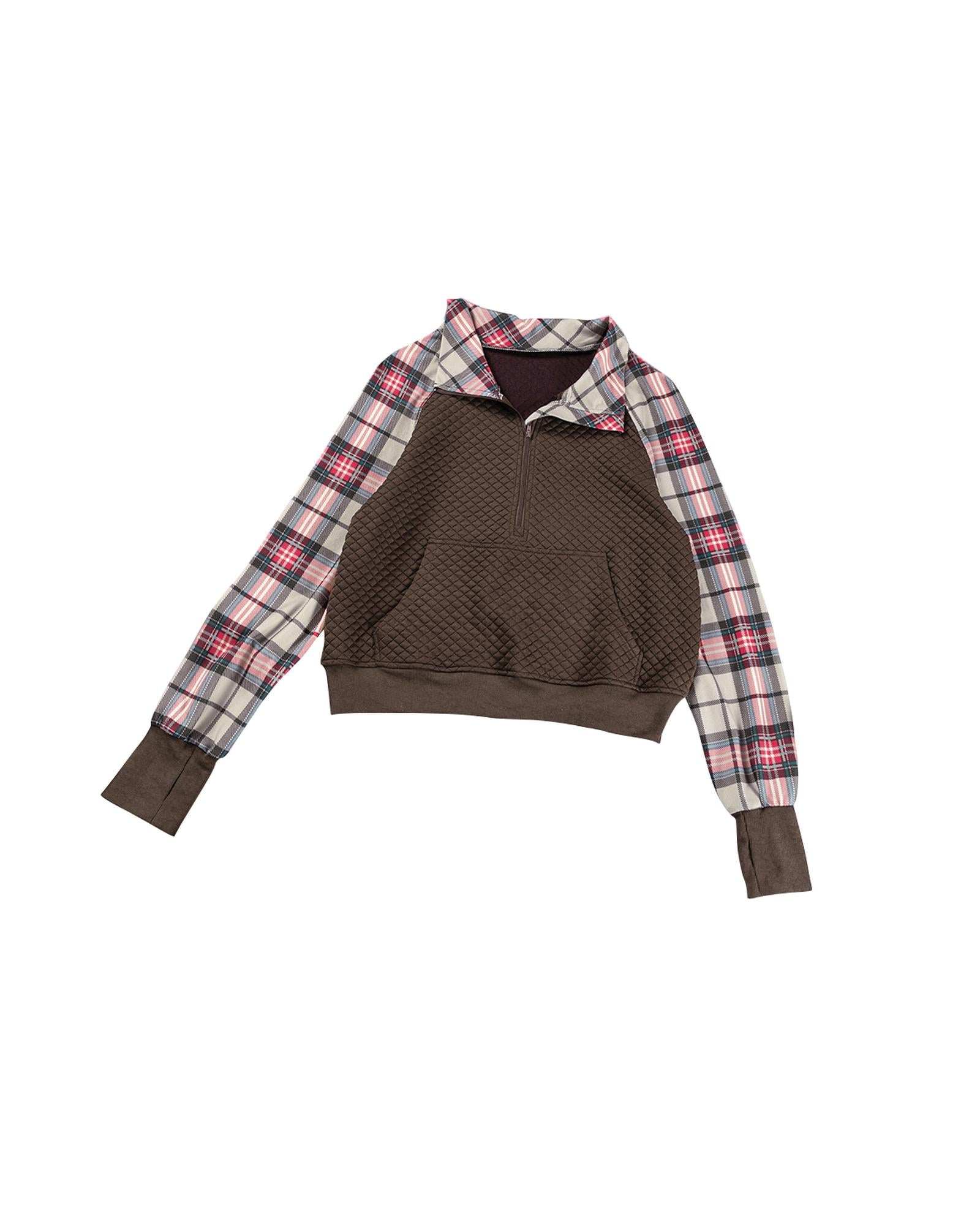 Khaki Printed Plaid Sleeve Patchwork Collared Textured Sweatshirt - S