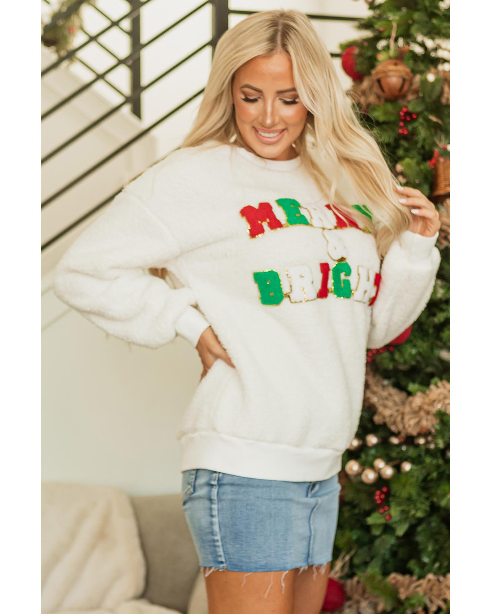 White Christmas MERRY & Bright Chenille Graphic Sherpa Sweatshirt - 2XL