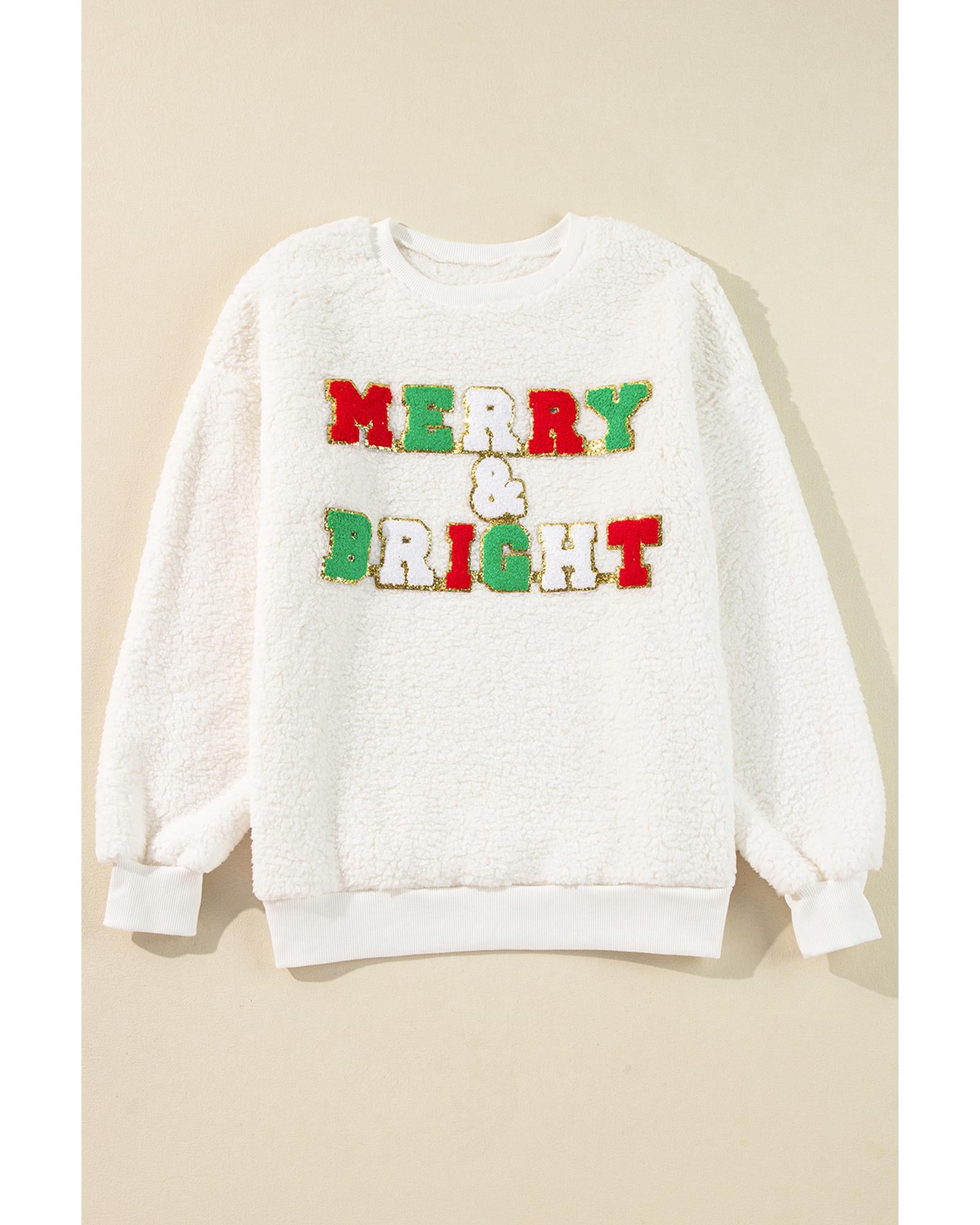 White Christmas MERRY & Bright Chenille Graphic Sherpa Sweatshirt - S 6