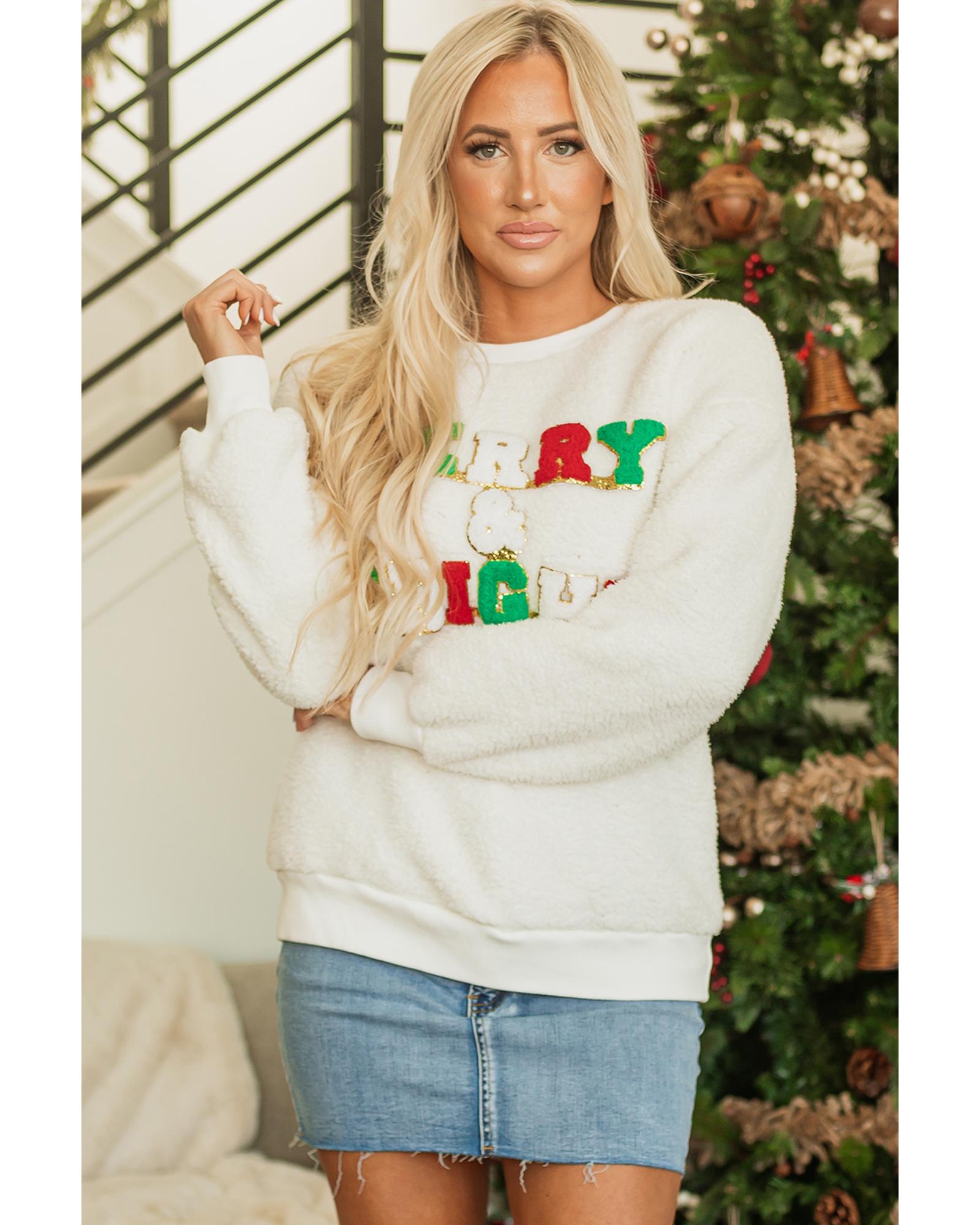 White Christmas MERRY & Bright Chenille Graphic Sherpa Sweatshirt - XL 4