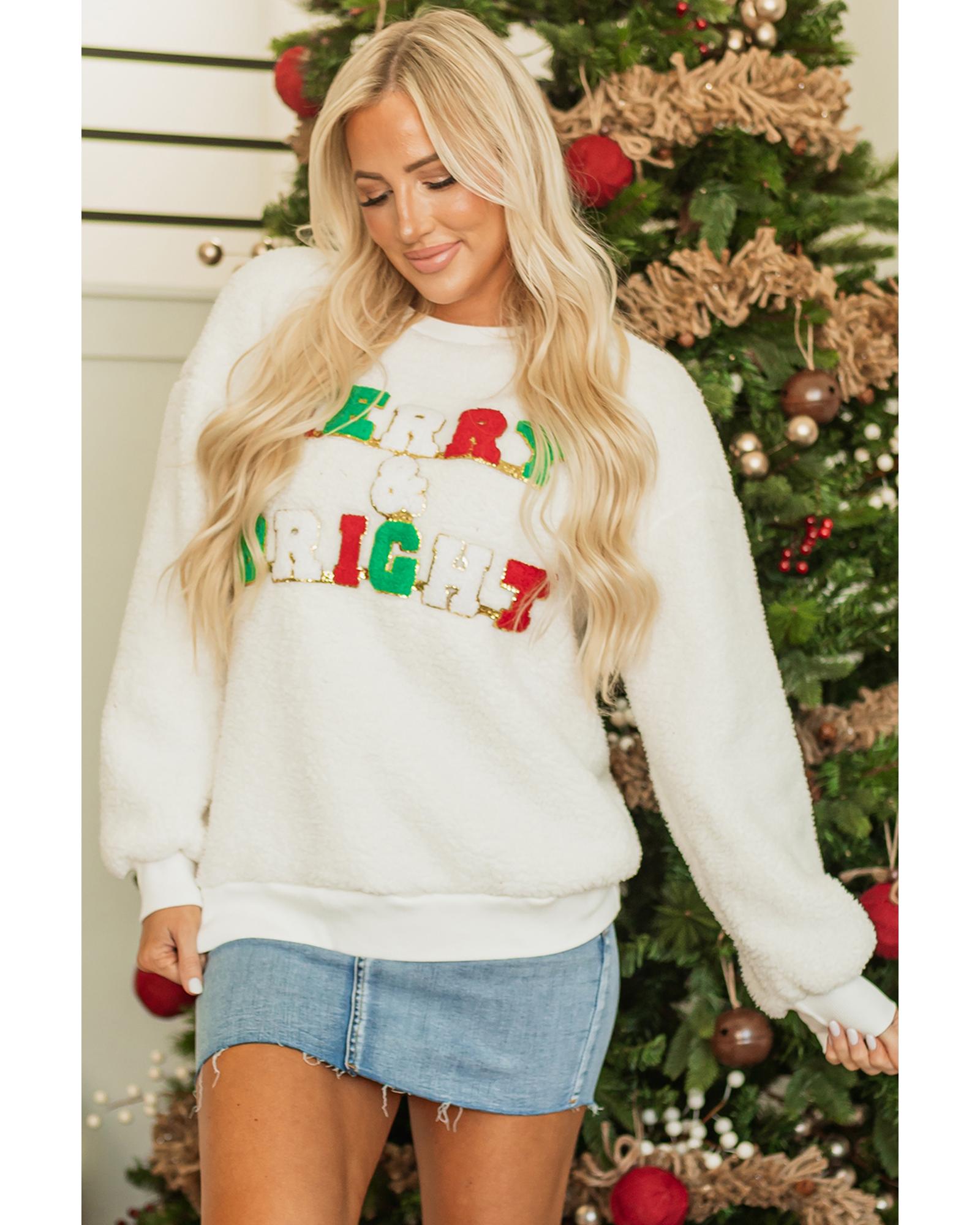 White Christmas MERRY & Bright Chenille Graphic Sherpa Sweatshirt - XL 7