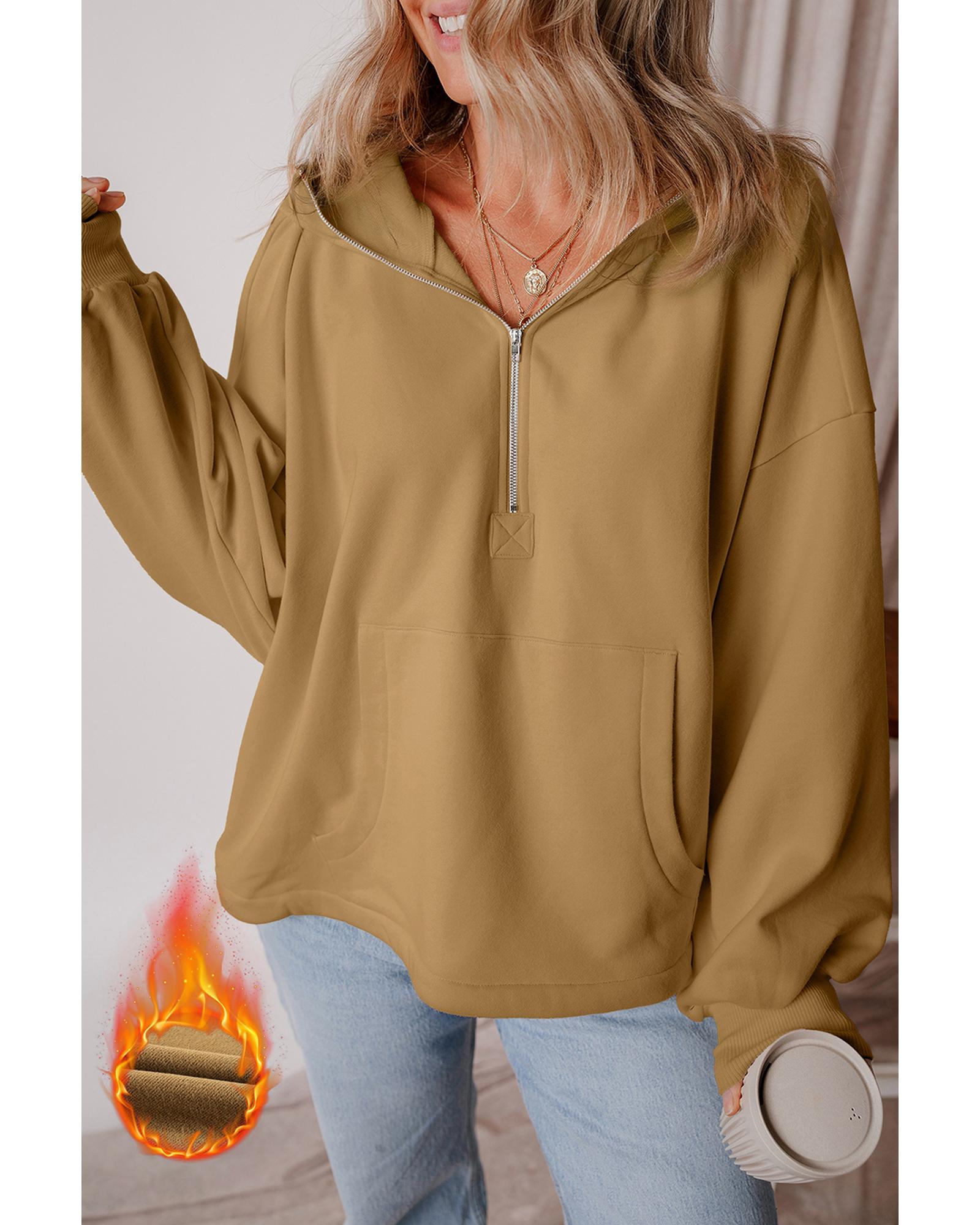 Brown Fleece Lined Half Zipper Kangaroo Pockets Loose Hoodie - S 6