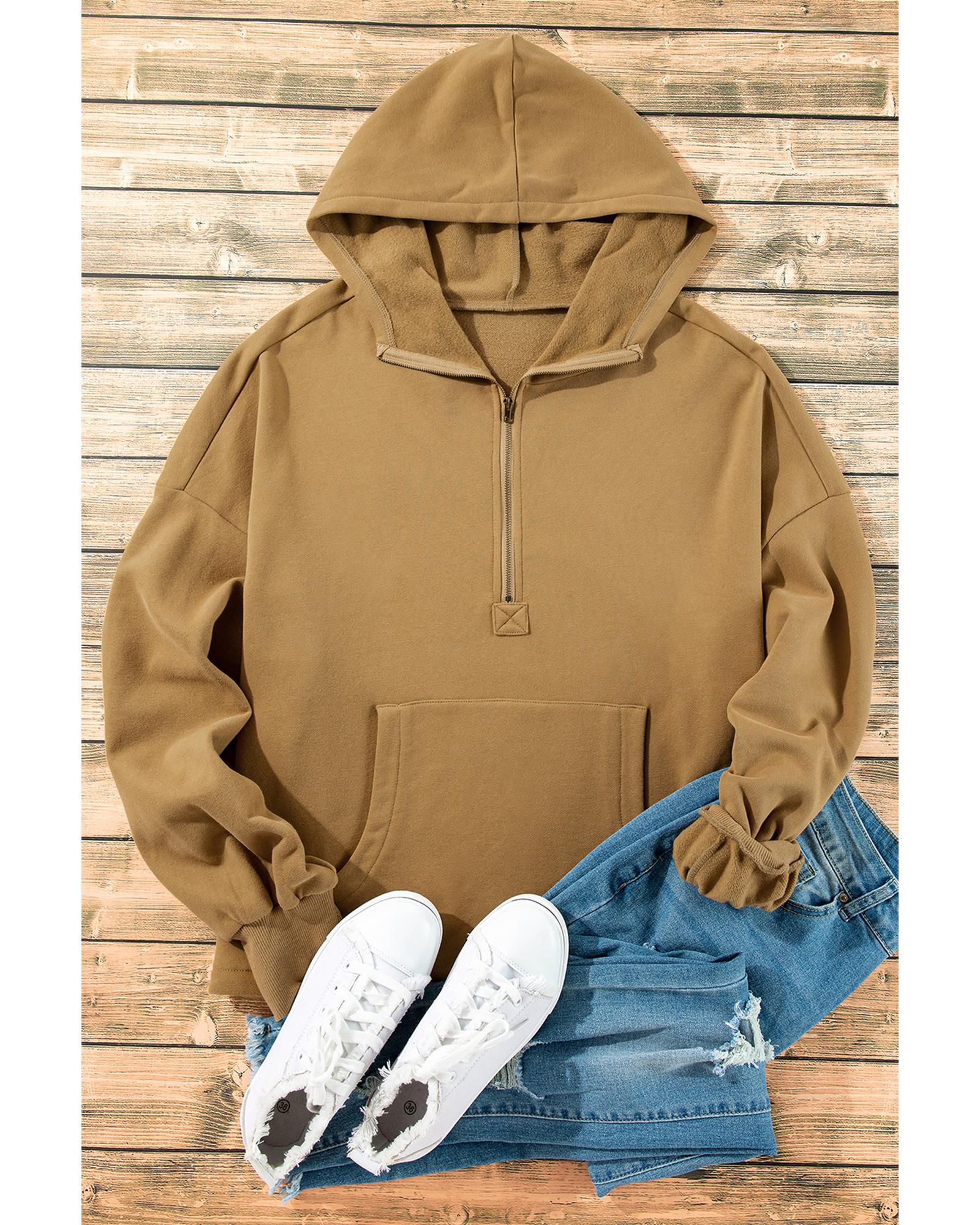 Brown Fleece Lined Half Zipper Kangaroo Pockets Loose Hoodie - XL 3