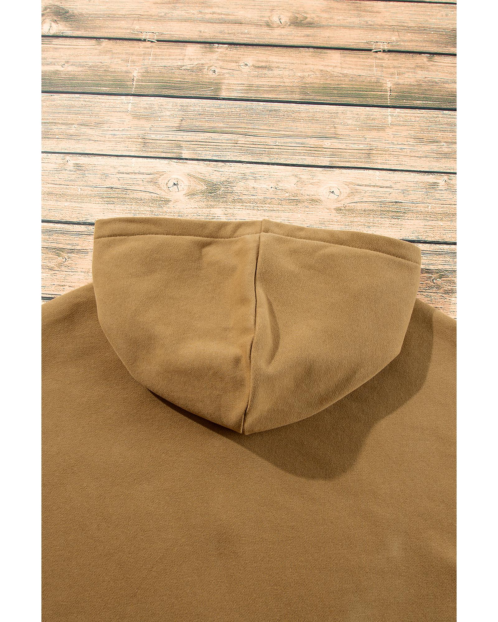 Brown Fleece Lined Half Zipper Kangaroo Pockets Loose Hoodie - XL 5