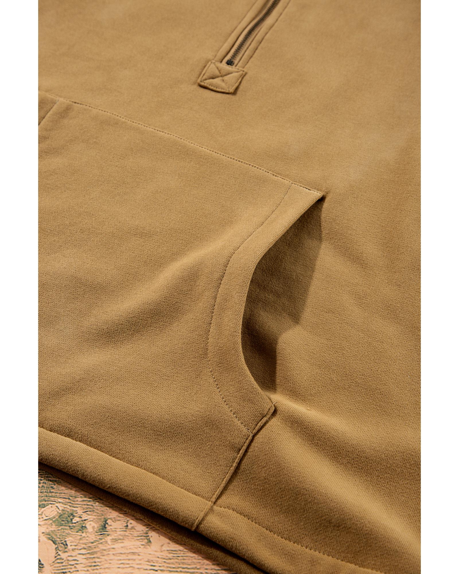 Brown Fleece Lined Half Zipper Kangaroo Pockets Loose Hoodie - XL 6