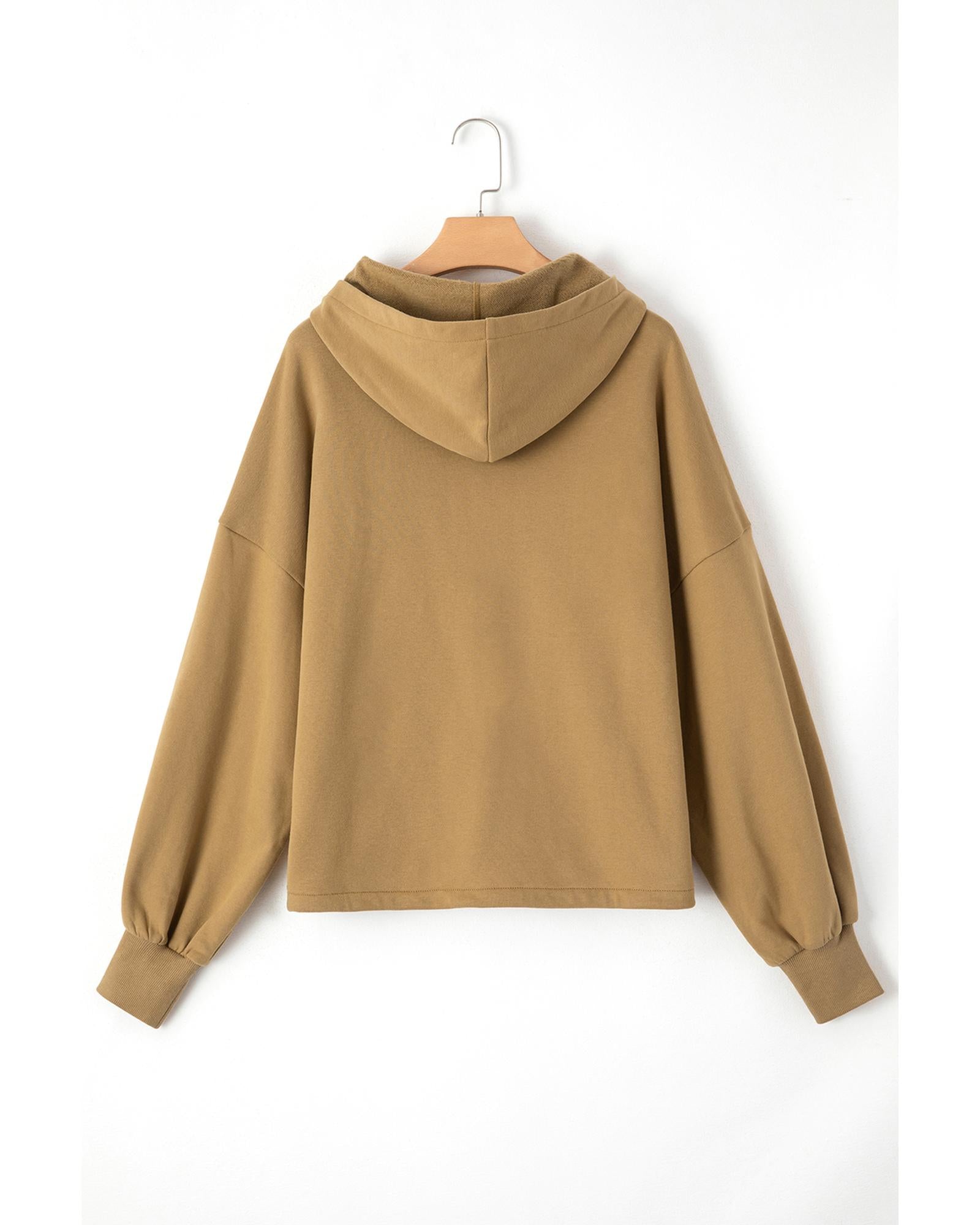 Brown Fleece Lined Half Zipper Kangaroo Pockets Loose Hoodie - XL 8
