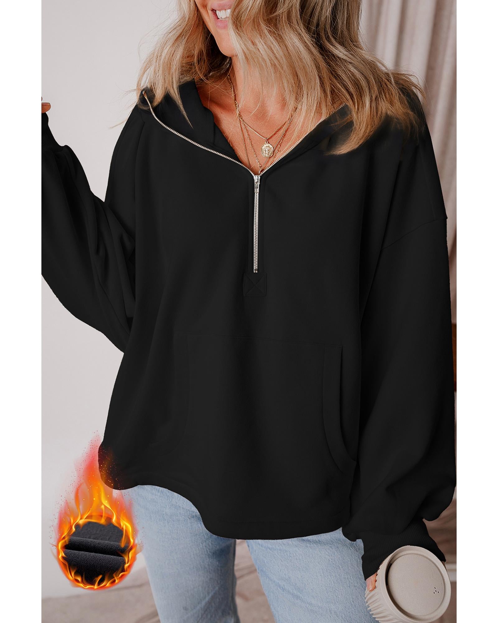 Black Fleece Lined Half Zipper Kangaroo Pockets Loose Hoodie - M 4