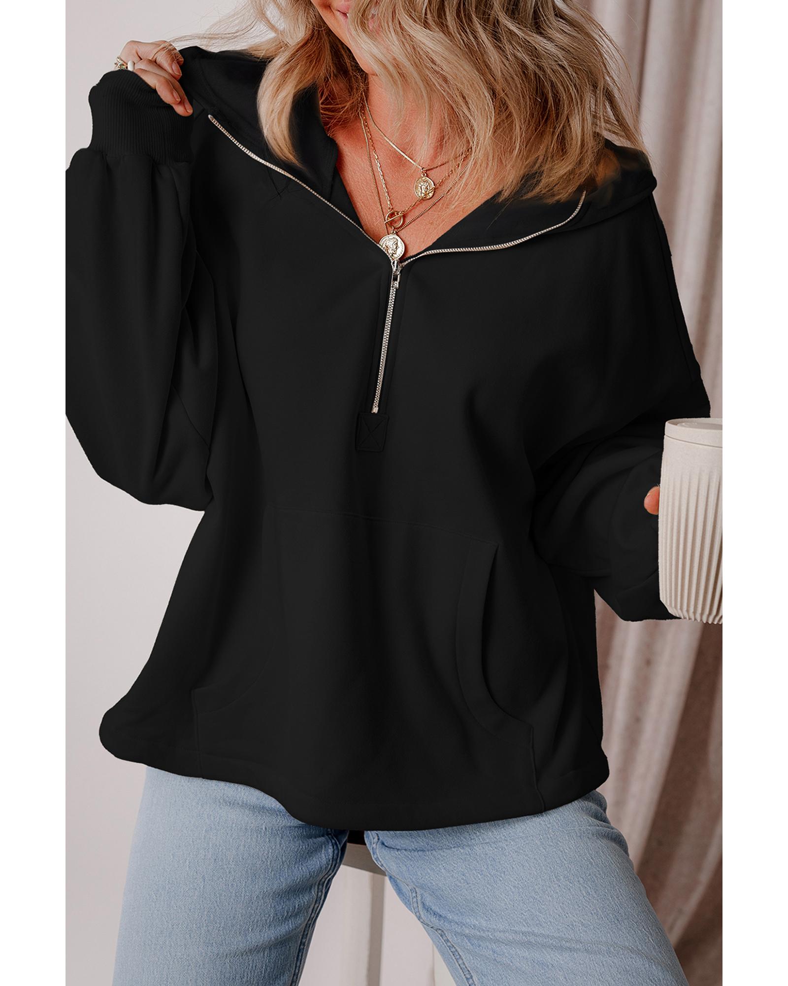 Black Fleece Lined Half Zipper Kangaroo Pockets Loose Hoodie - M 5