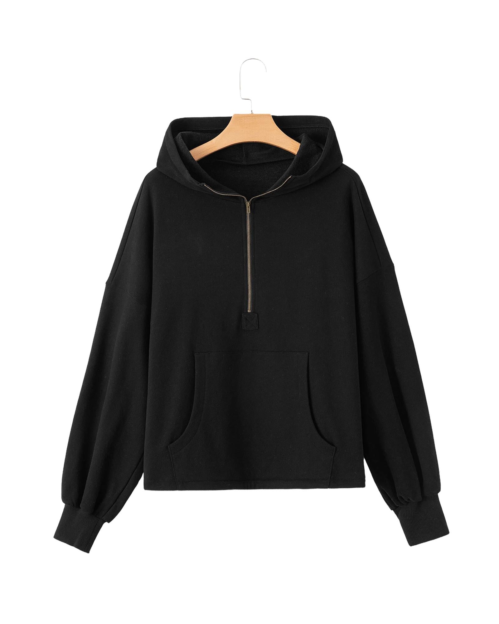 Black Fleece Lined Half Zipper Kangaroo Pockets Loose Hoodie - M 6