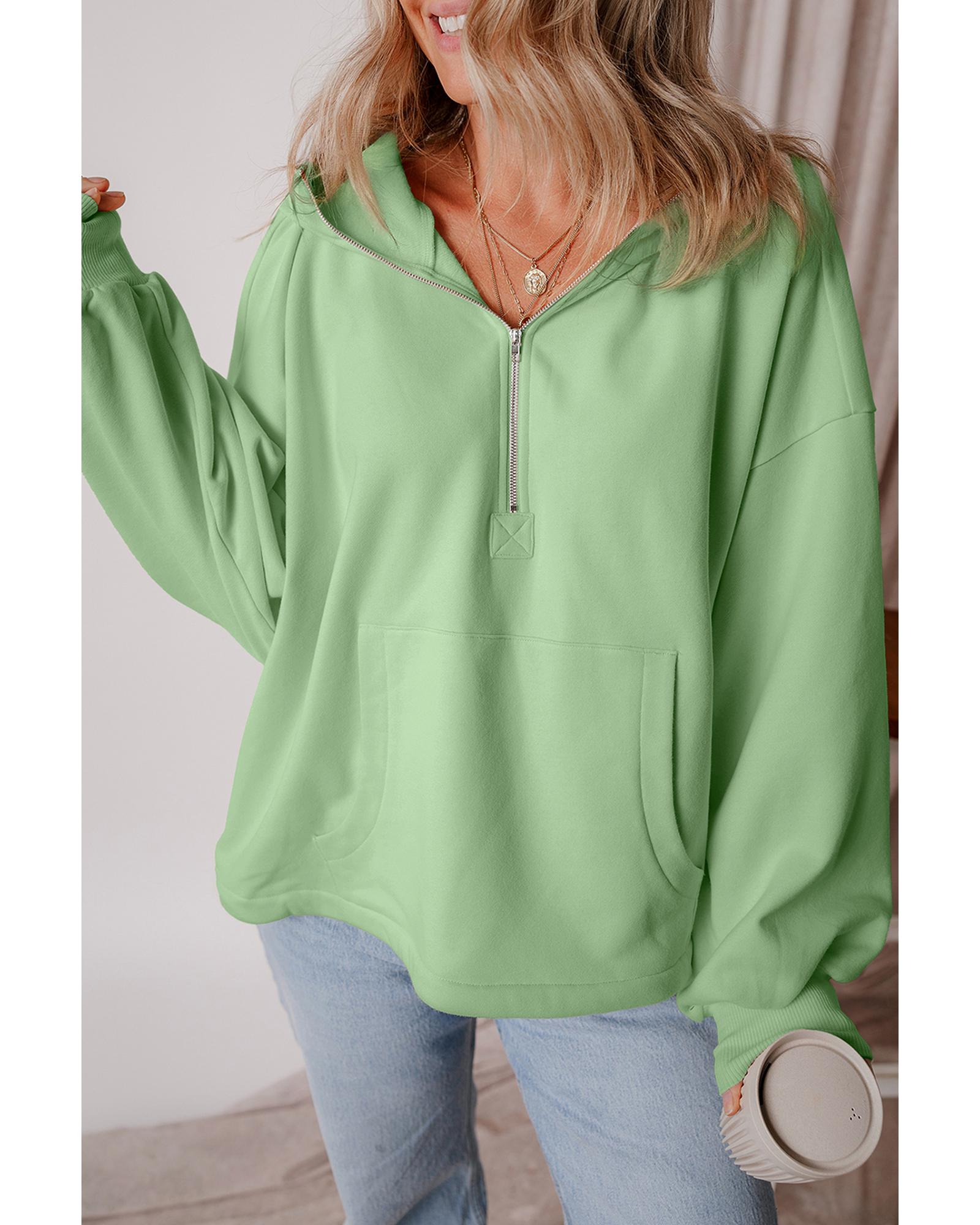 Smoke Green Fleece Lined Half Zipper Kangaroo Pockets Loose Hoodie - 2XL 3